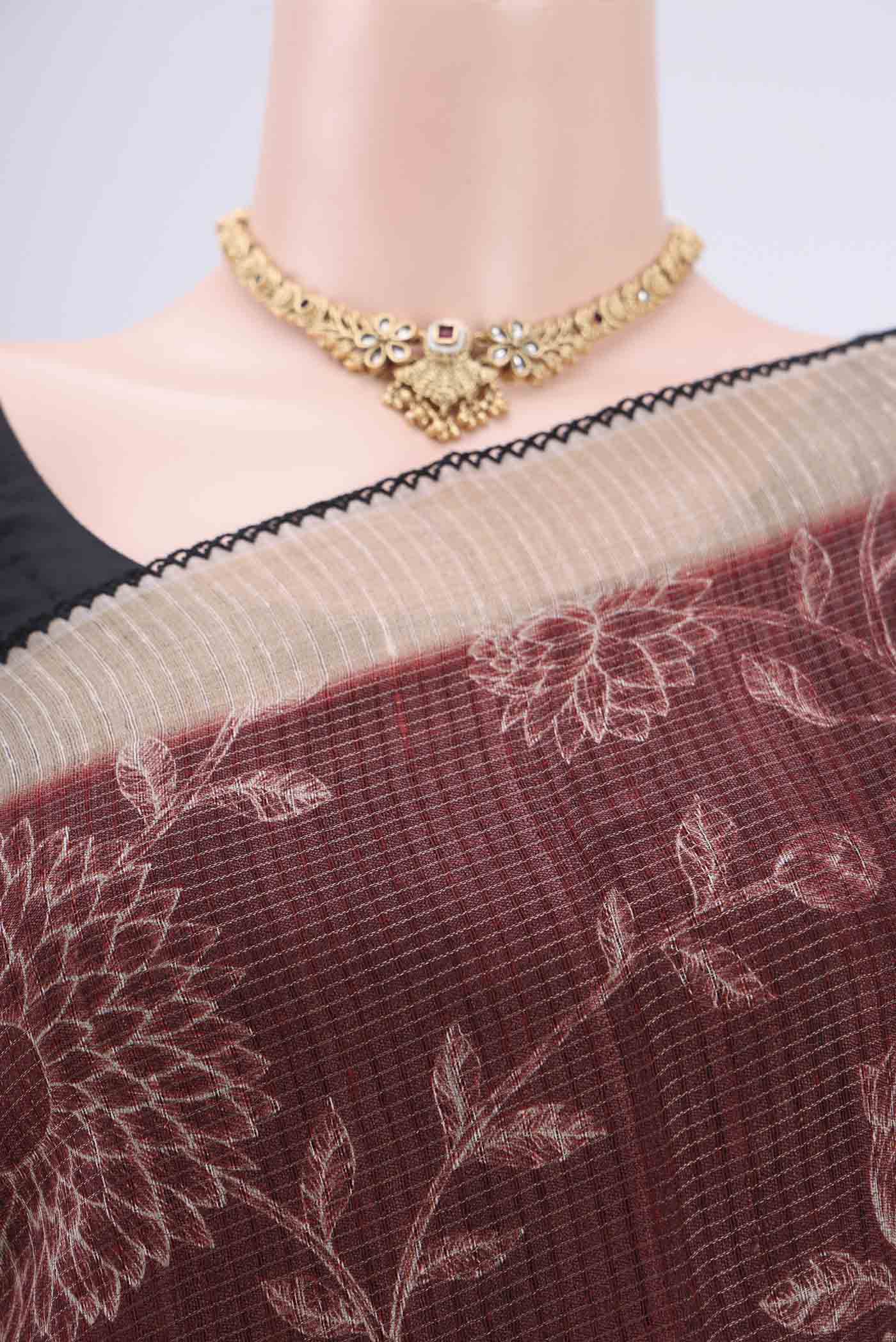 Border image of Brown Tussar Silk Saree with Printed design on the body and Fancy Border. 