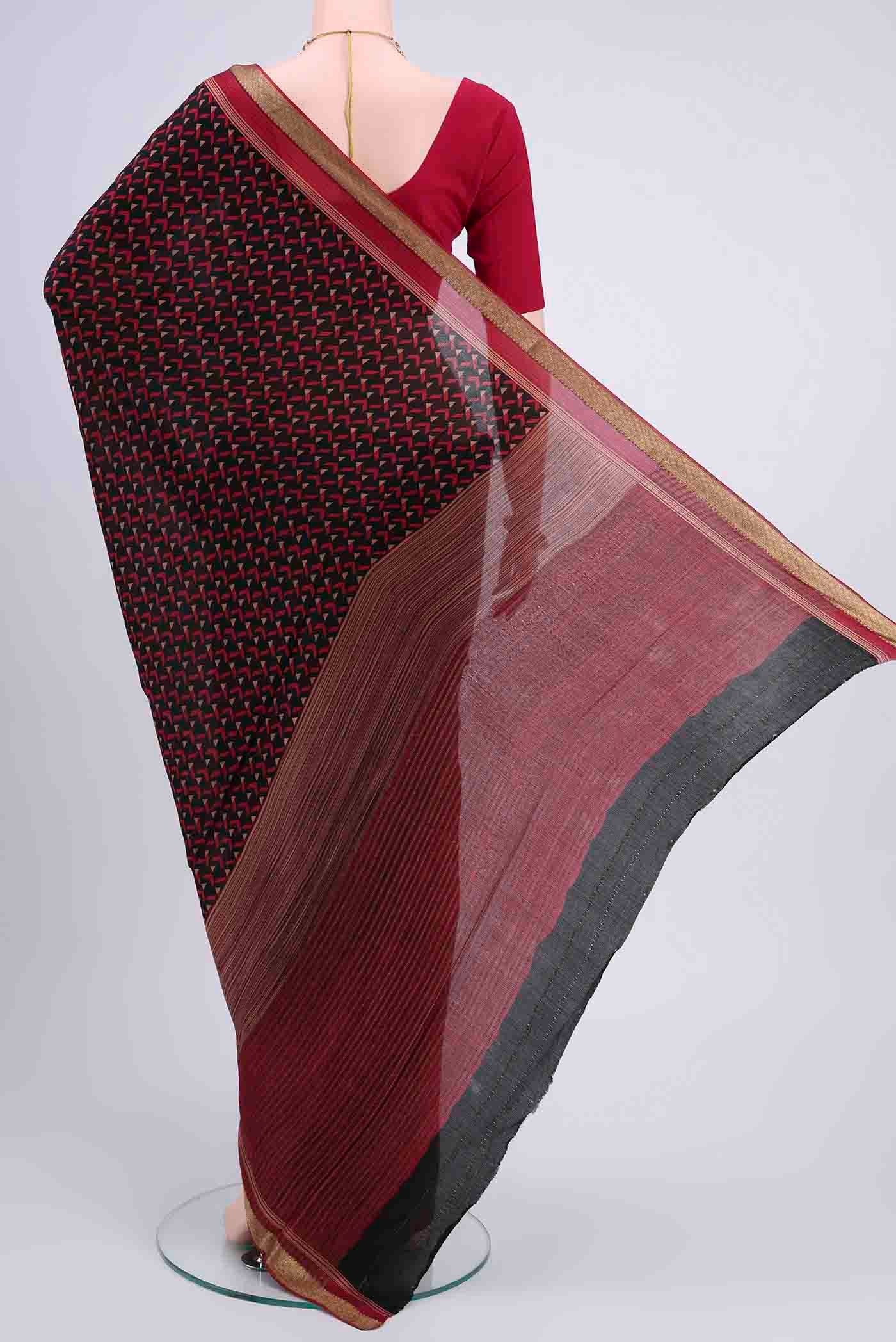 Flat view of Black Mysore Crepe Saree with Floral Print on the body and Printed Border