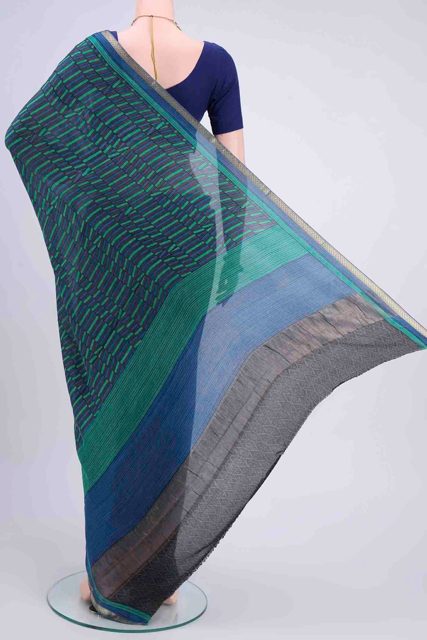 Flat view of Multi Color Mysore Crepe Saree with Geometric Print on the body and Zari Border