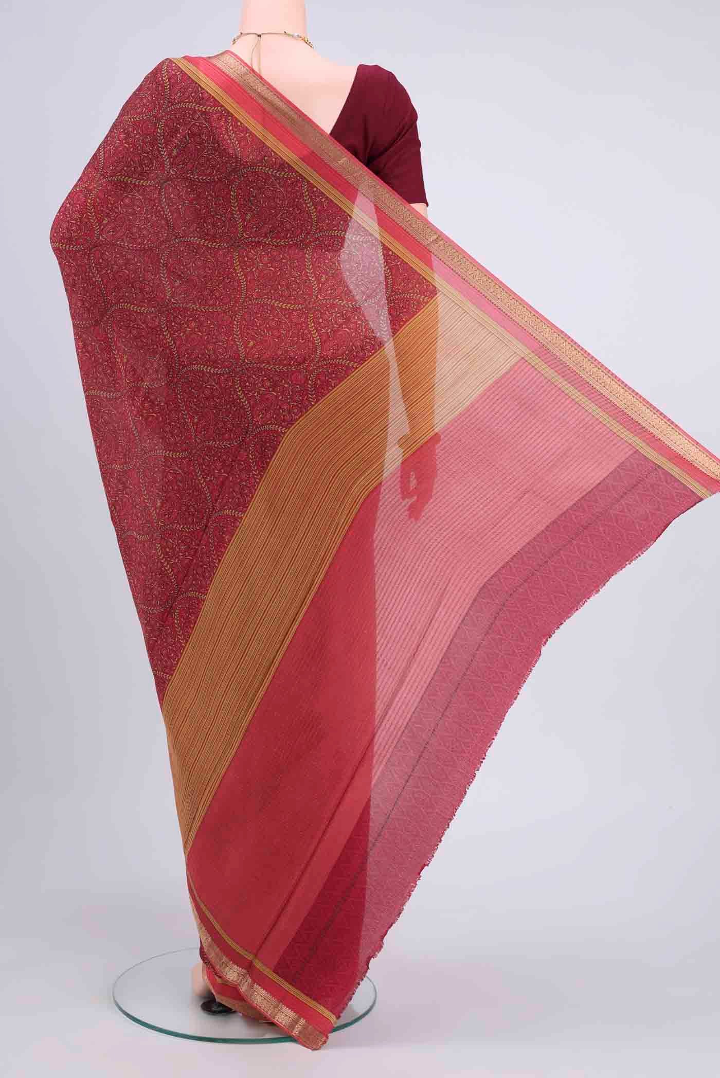 Flat view of Magenta Mysore Crepe Saree with Floral Print on the body and Zari Border