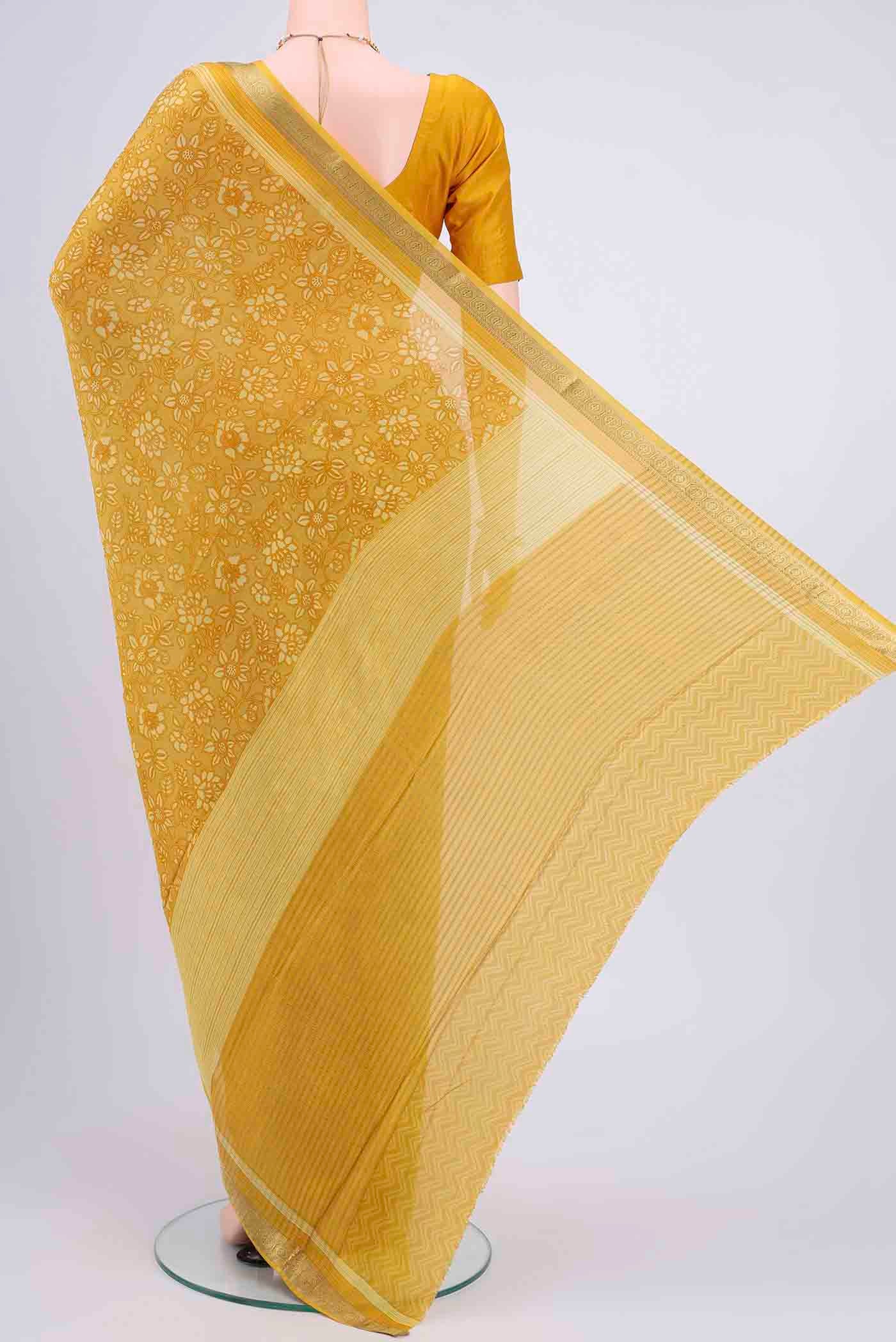 Flat view of Yellow Mysore Crepe Saree with Floral Print on the body and Printed Border