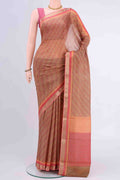 Beige Mysore Crepe Saree with Floral Print on the body and Printed Border displayed on a mannequin