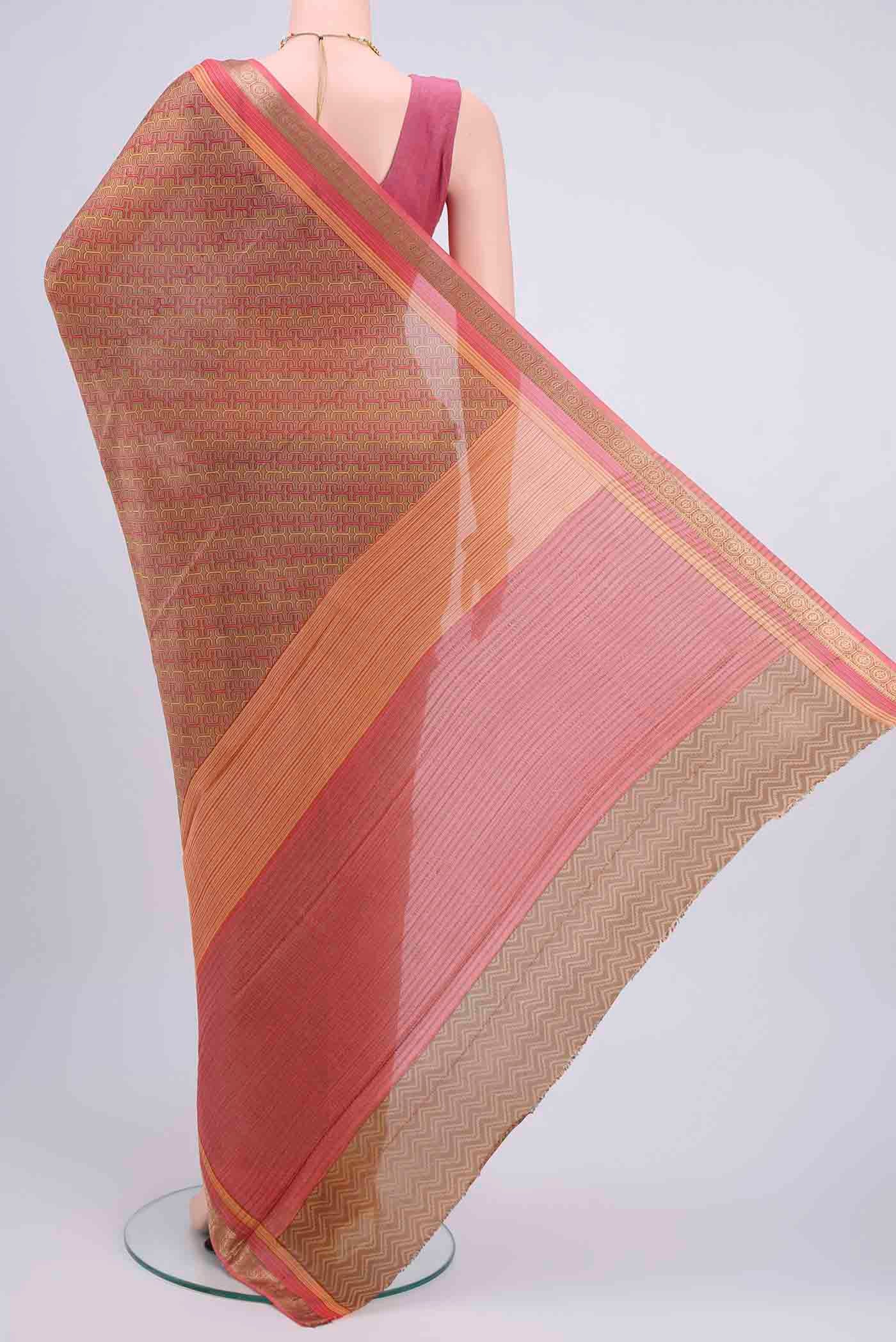Flat view of Beige Mysore Crepe Saree with Floral Print on the body and Printed Border