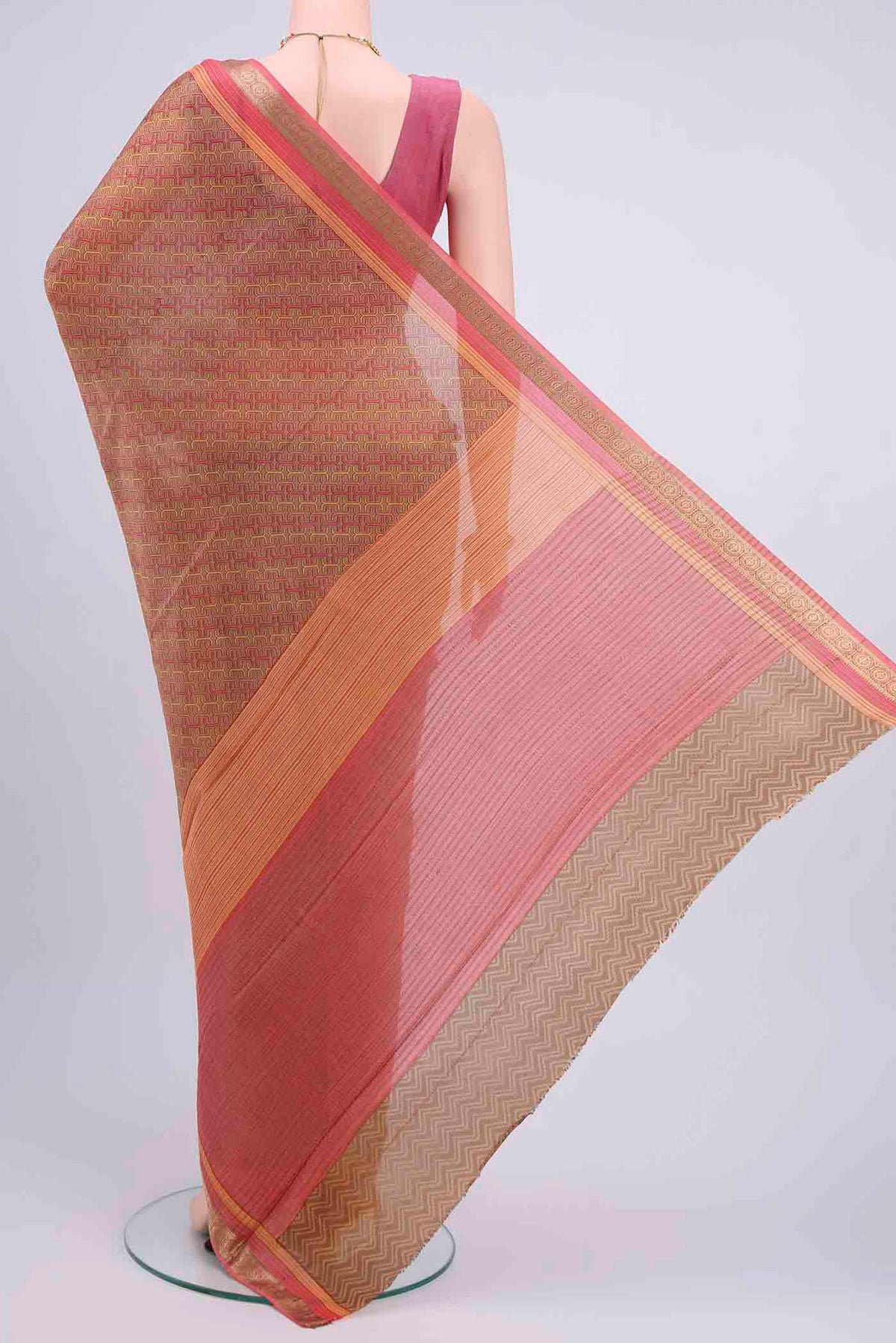 Flat view of Beige Mysore Crepe Saree with Floral Print on the body and Printed Border