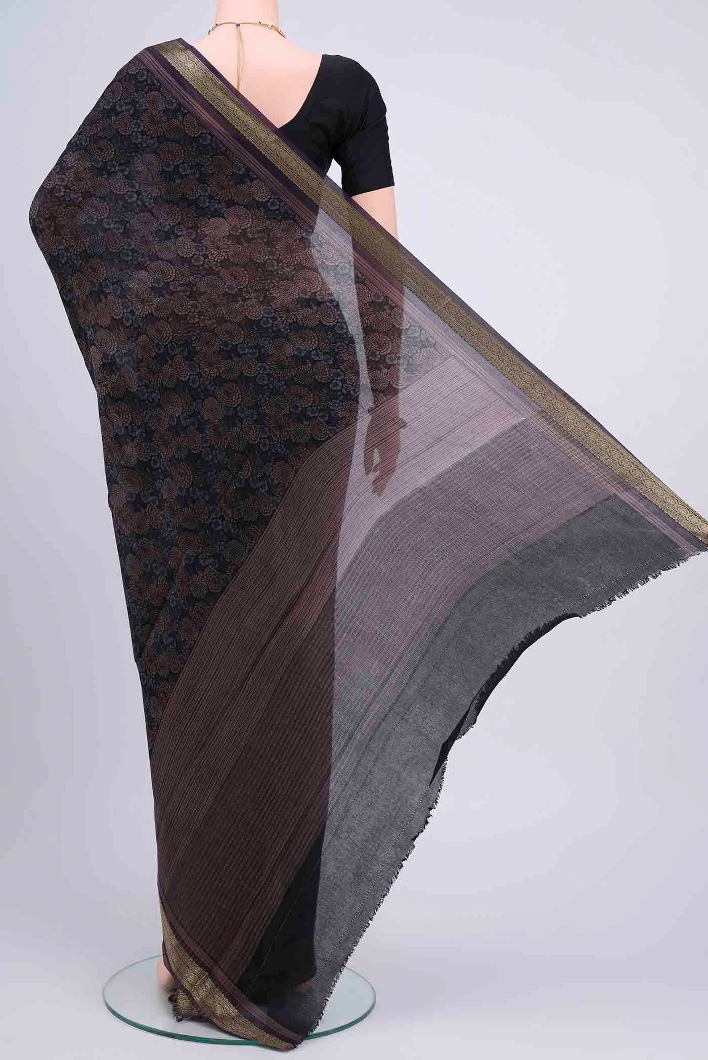 Flat view of Black Mysore Crepe Saree with Floral Print on the body and Printed Border