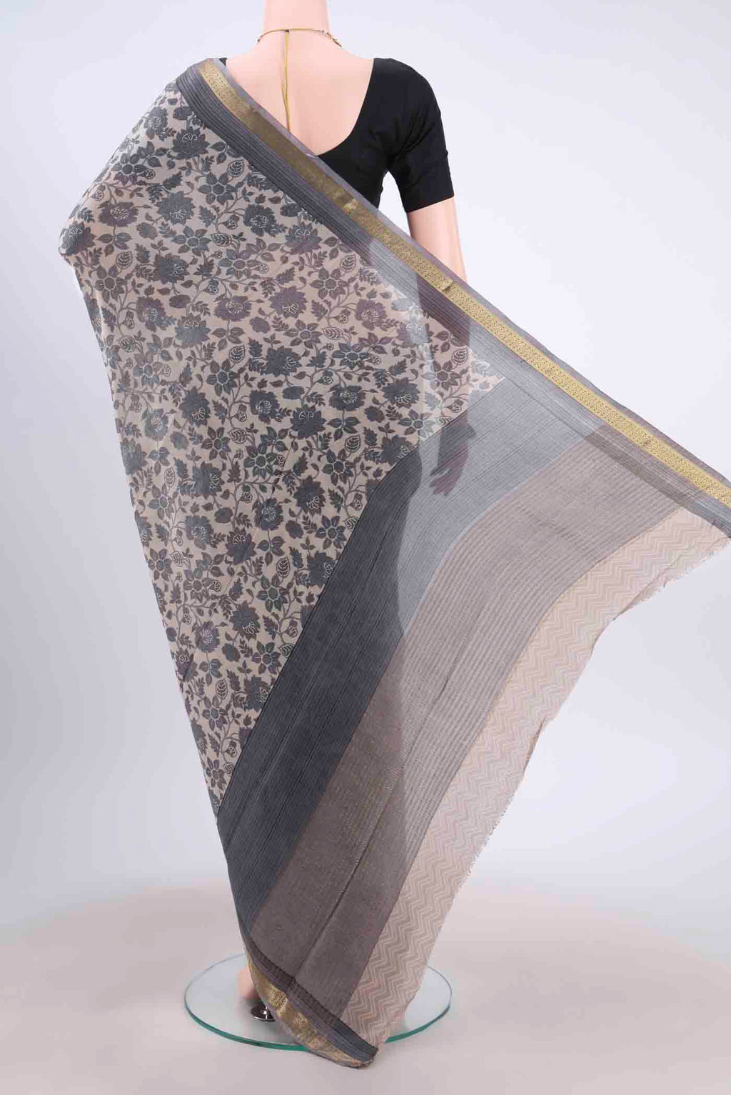Flat view of Davys Grey Mysore Crepe Saree with Floral Print on the body and Printed Border