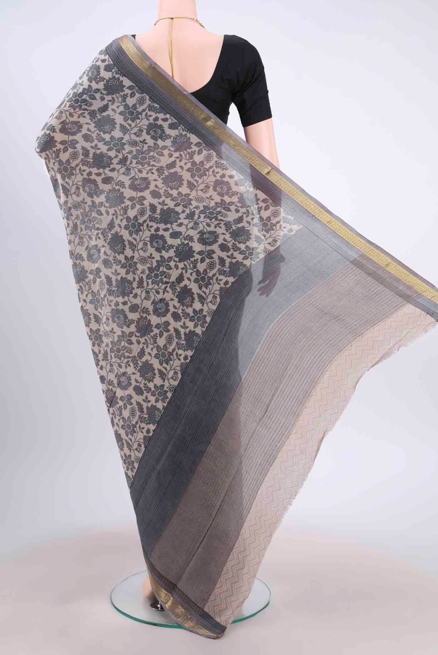 Flat view of Davys Grey Mysore Crepe Saree with Floral Print on the body and Printed Border