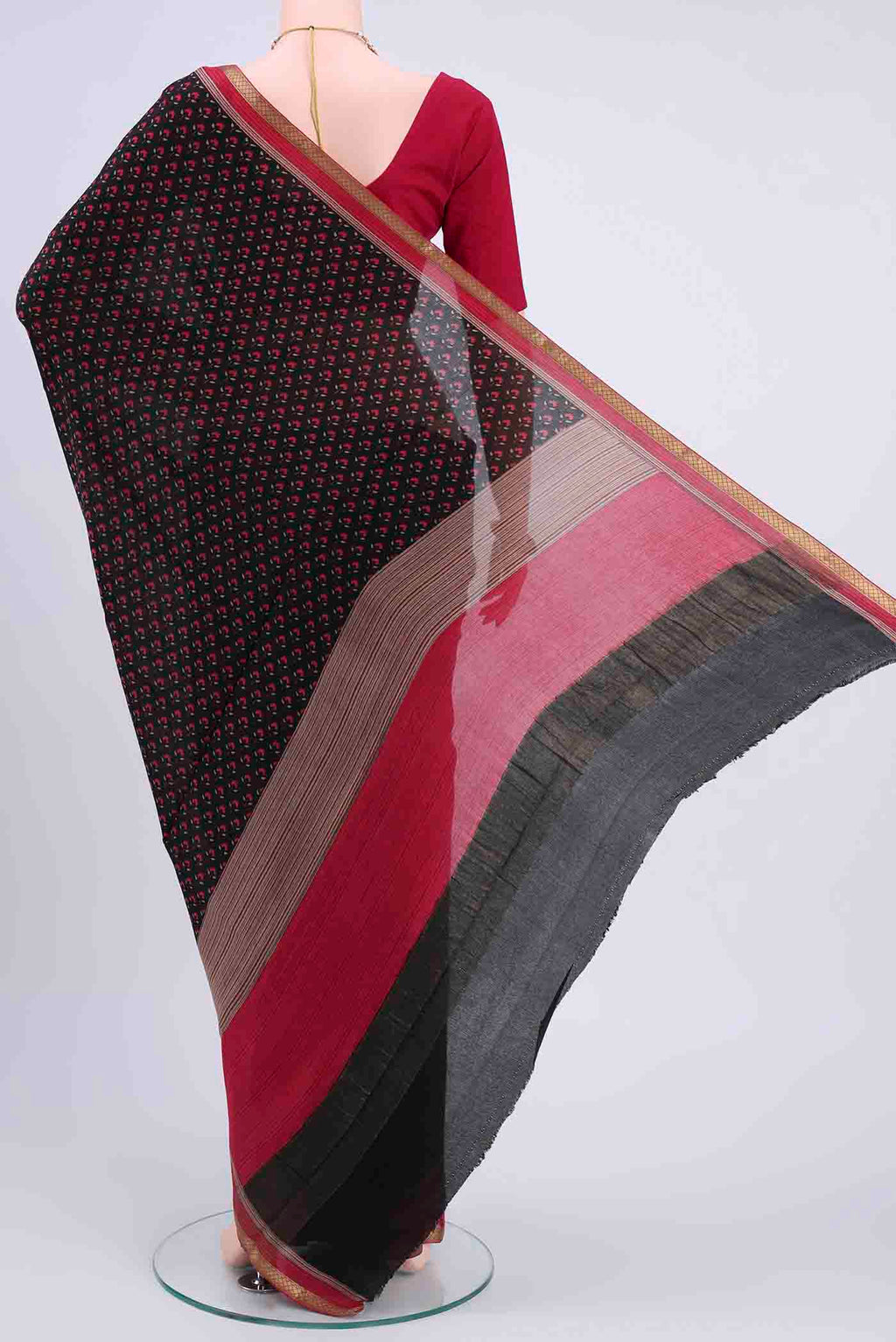 Flat view of Black Mysore Crepe Saree with Floral Print on the body and Printed Border