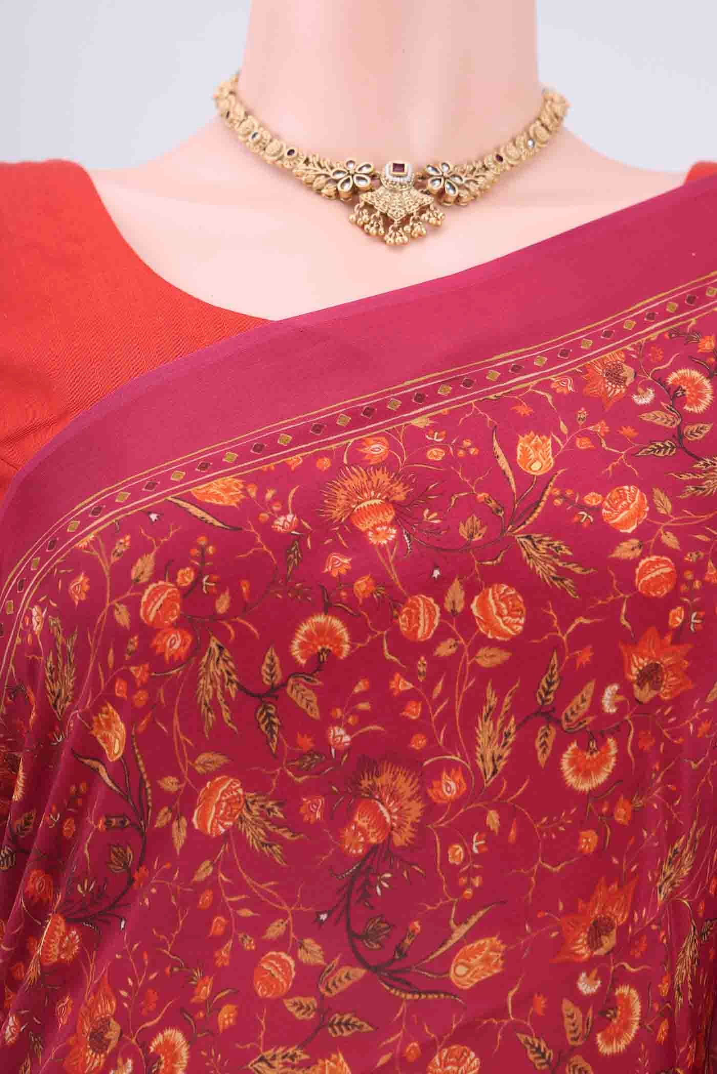Border image of Maroon Printed Silk Saree with Floral Print on the body and Plain Border