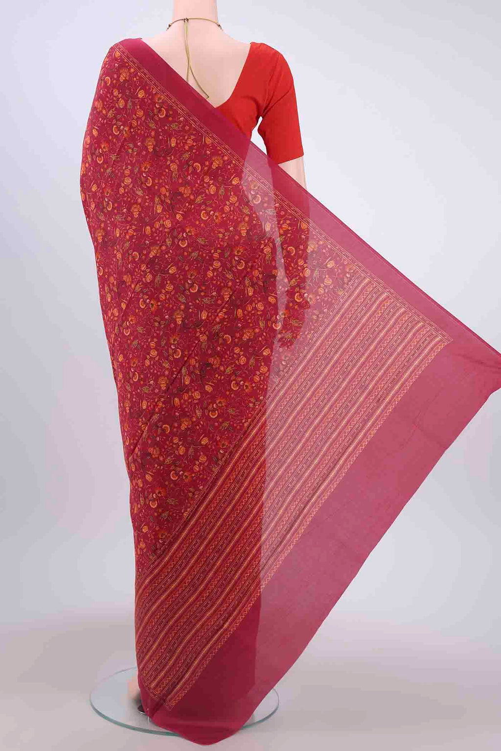 Flat view of Maroon Printed Silk Saree with Floral Print on the body and Plain Border