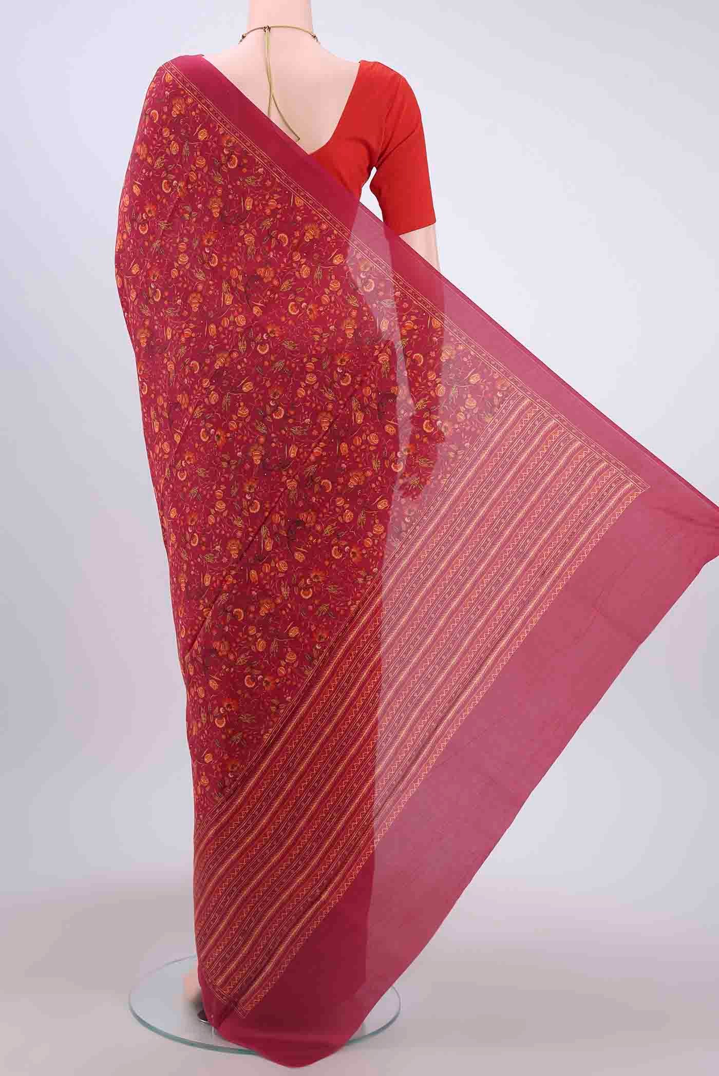 Flat view of Maroon Printed Silk Saree with Floral Print on the body and Plain Border