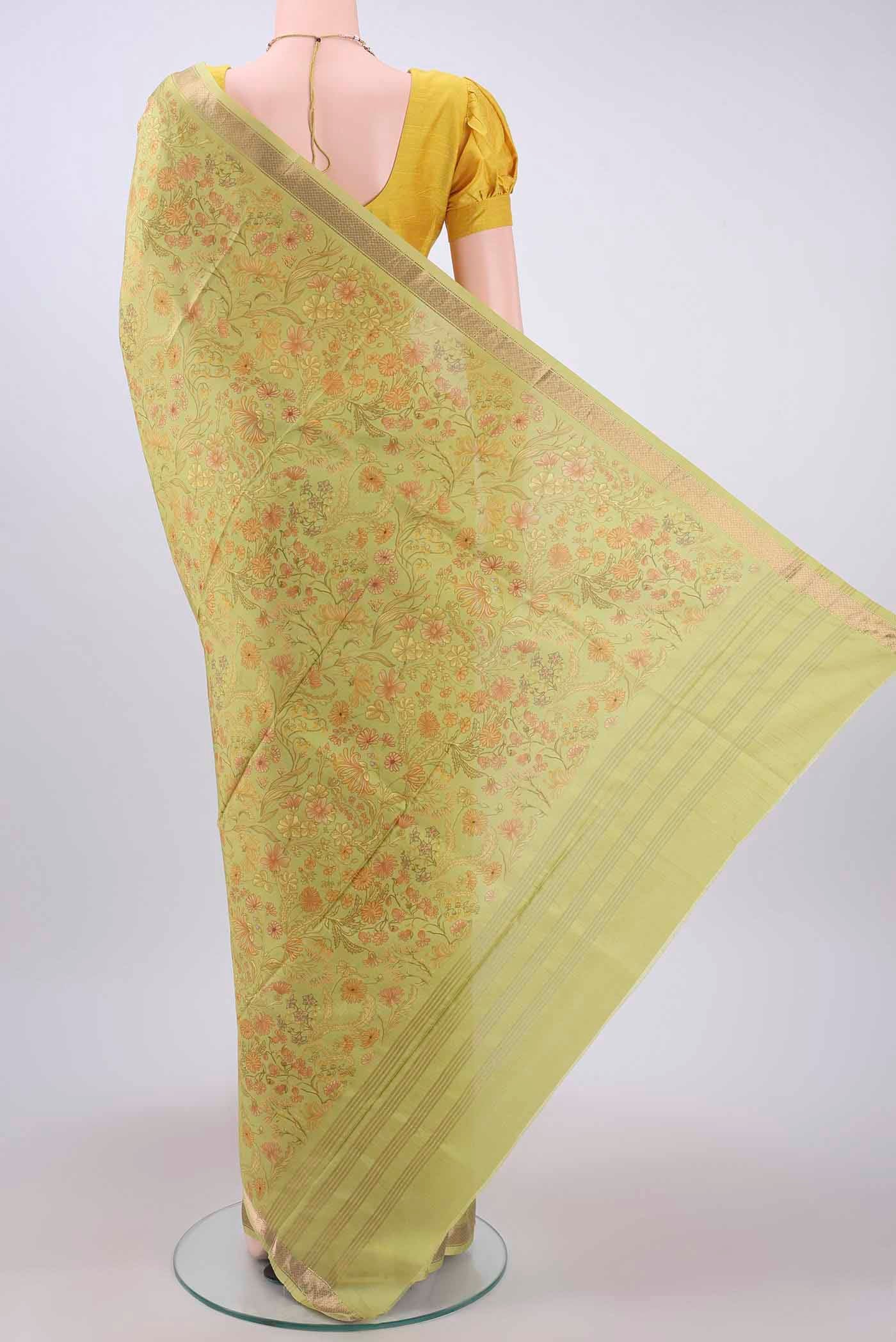 Flat view of Light Green Printed Silk Saree with Floral Print on the body and Zari Border