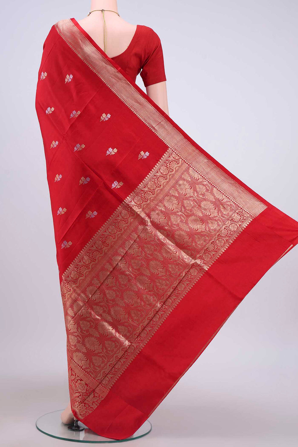 Flat view of Red Banarasi Katan Silk Saree with Zari Butta on the body and Zari Border