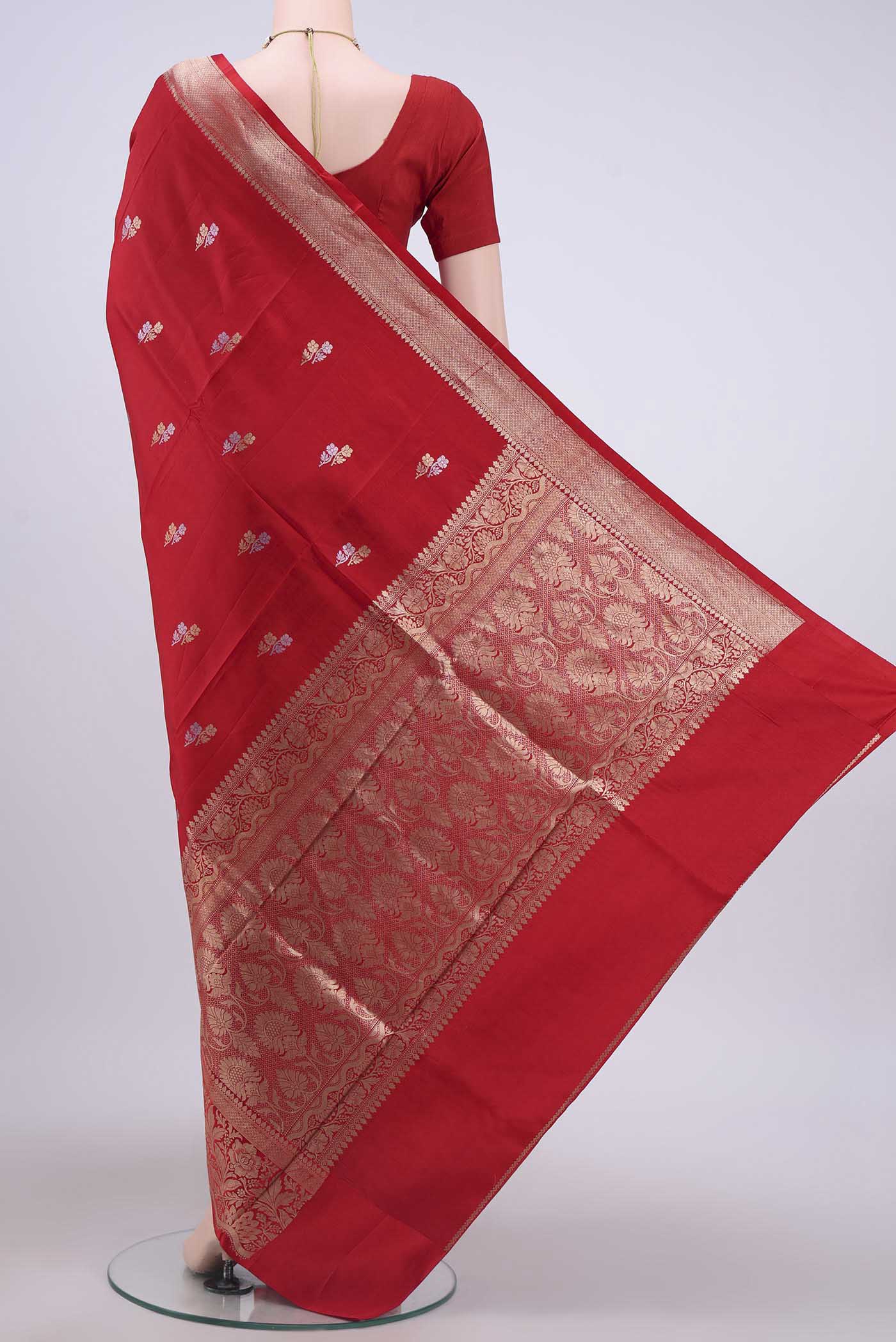 Flat view of Red Banarasi Katan Silk Saree with Zari Butta on the body and Zari Border