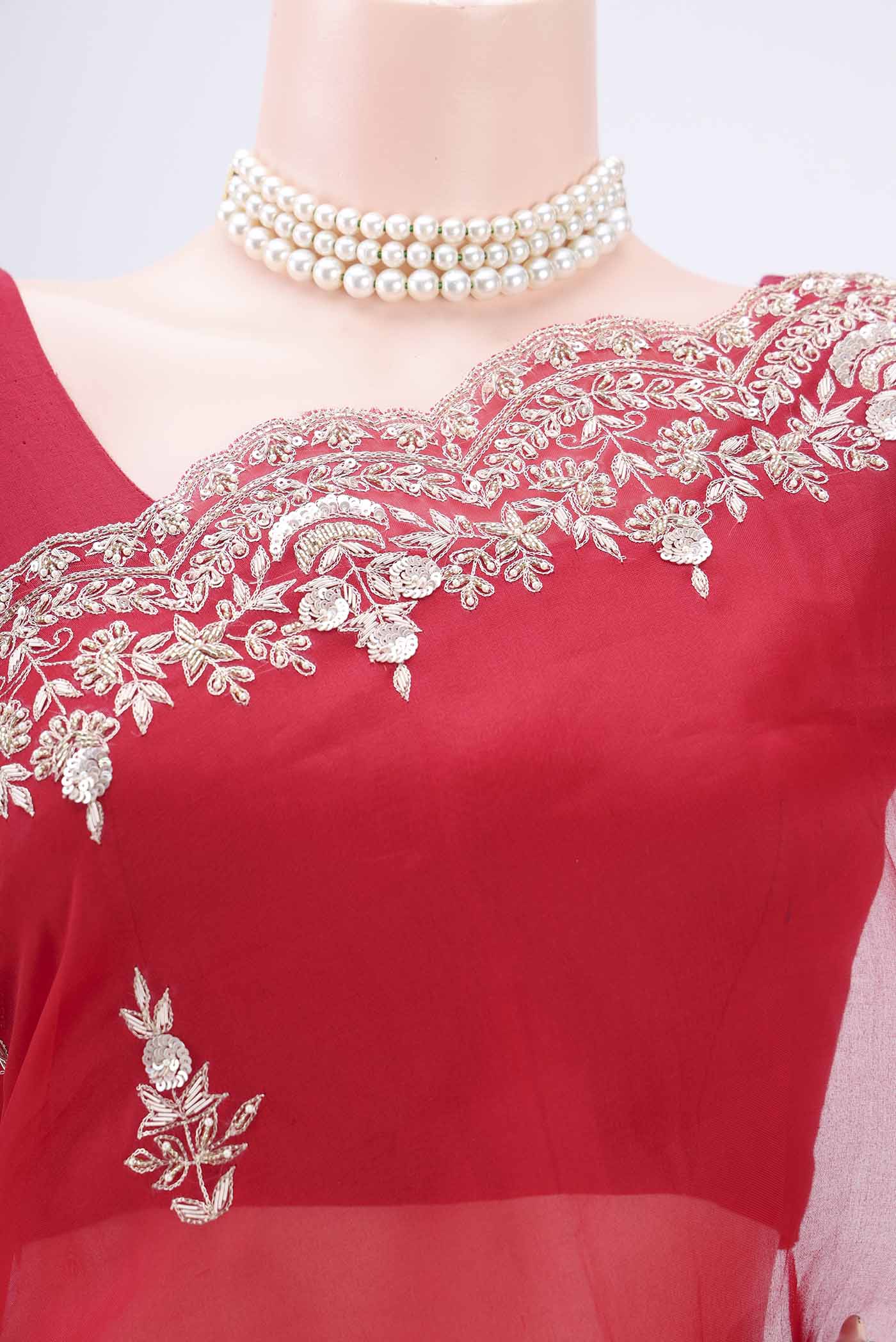 Border image of Red Organza Silk Saree with Embroidery on the body and Embroidery Border. 