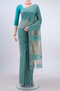Blue Maheshwari Silk Cotton Saree with Thread Butta on the body and Zari Border displayed on a mannequin