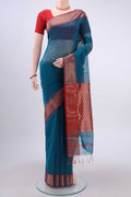 Dark Blue Maheshwari Silk Cotton Saree with Zari And Thread Butta on the body and Zari Border displayed on a mannequin