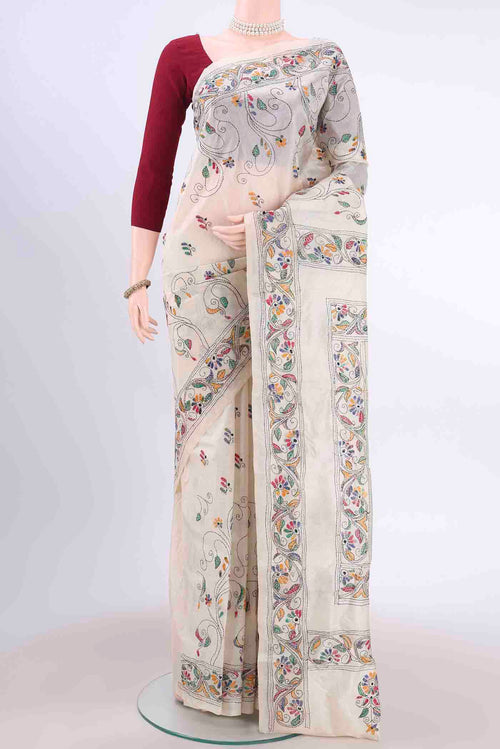Beige Kantha Silk Saree with Kantha Work on the body and Thread Border displayed on a mannequin