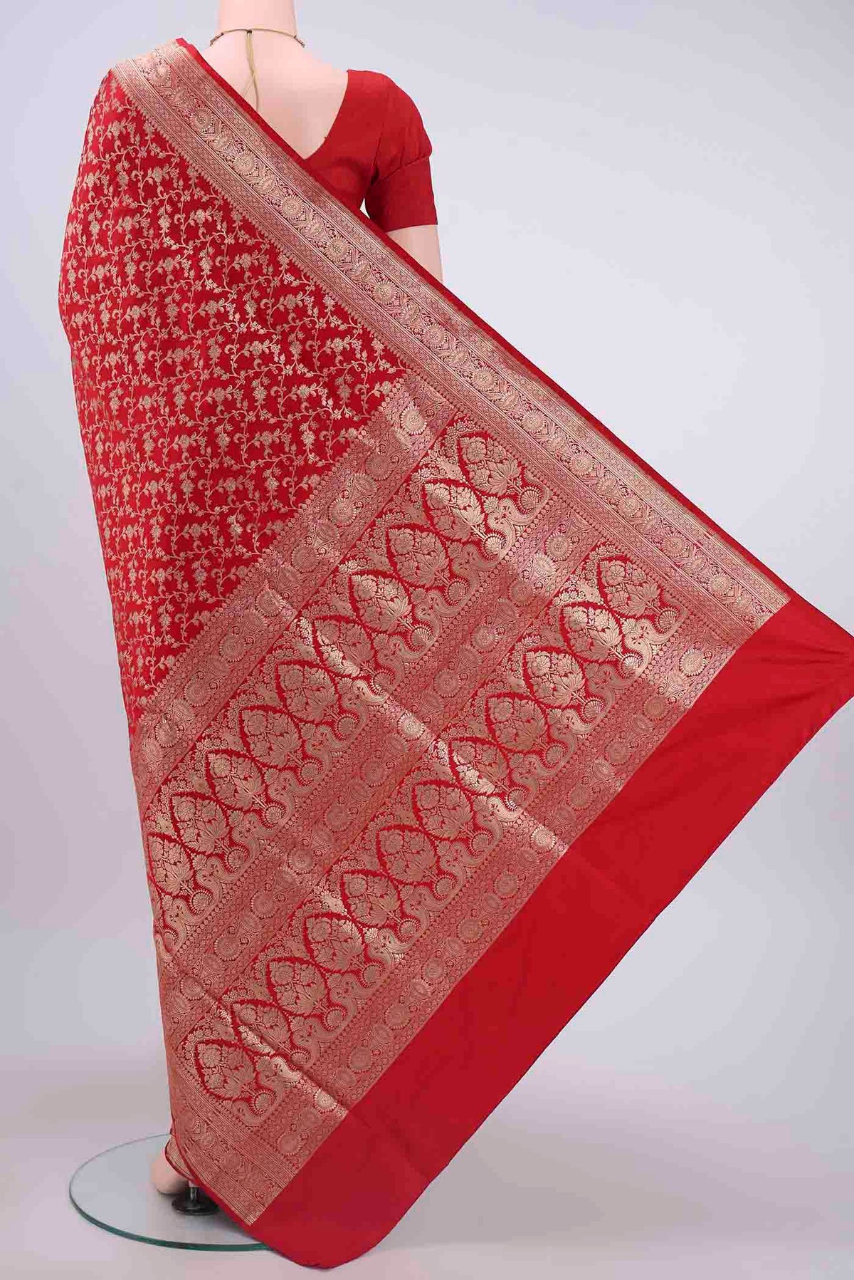 Flat view of Red Banarasi Silk Saree with Zari Brocade on the body and Zari Border