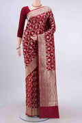 Maroon Banarasi Silk Saree with Zari Brocade on the body and Zari Border displayed on a mannequin