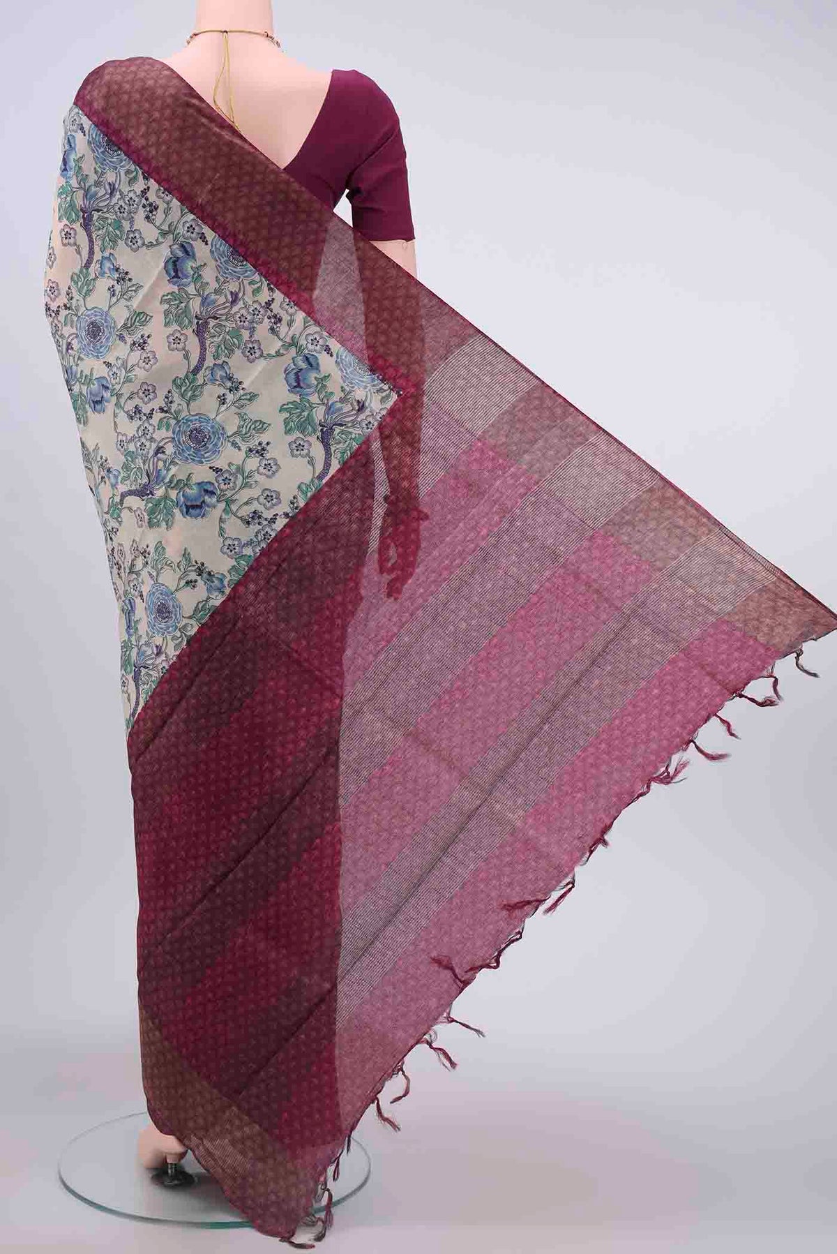 Flat view of Off White Dual Tone Tussar Silk Saree with Printed design on the body and Zari Border