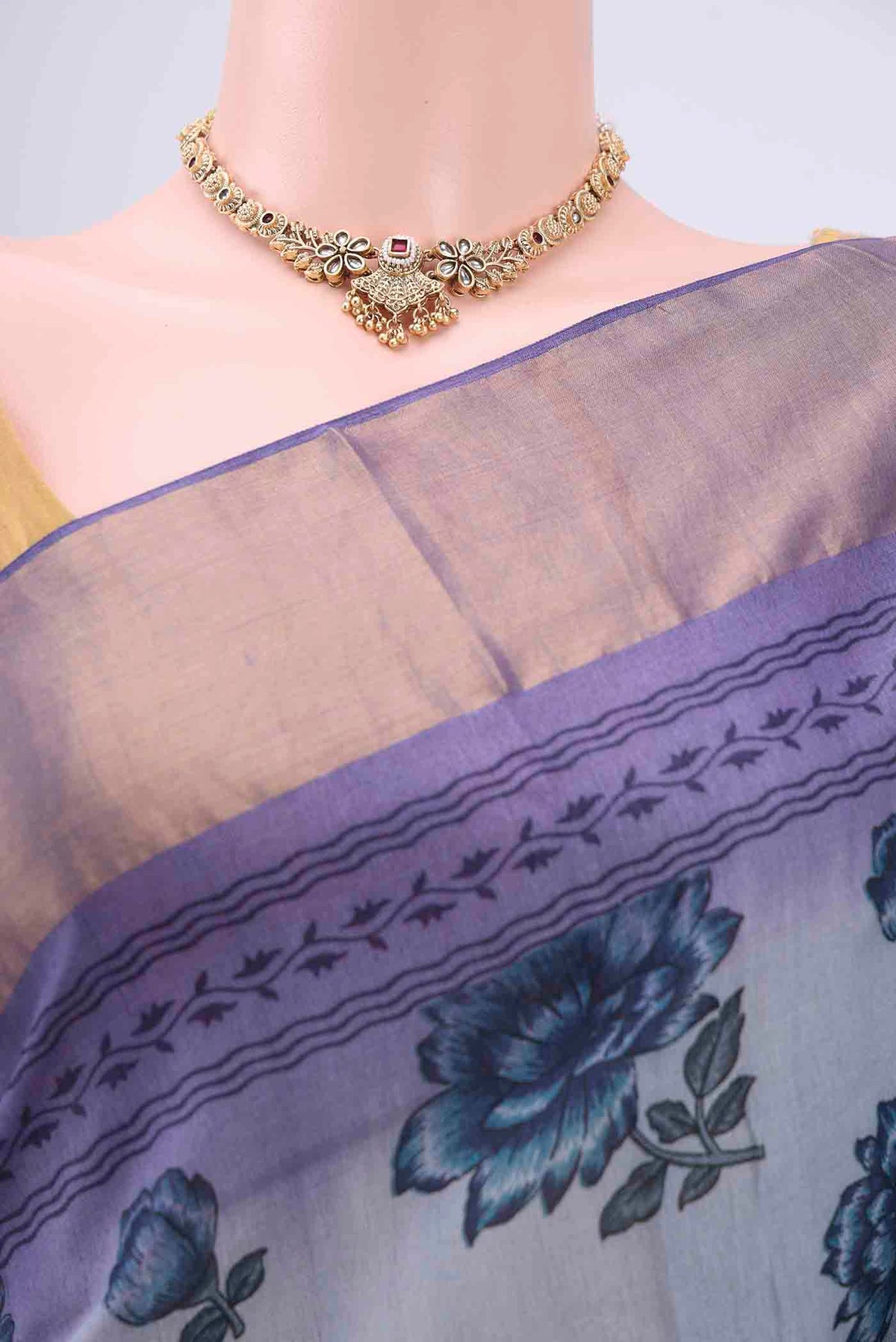 Border image of Light Blue Dual Tone Tussar Silk Saree with Printed design on the body and Zari Border