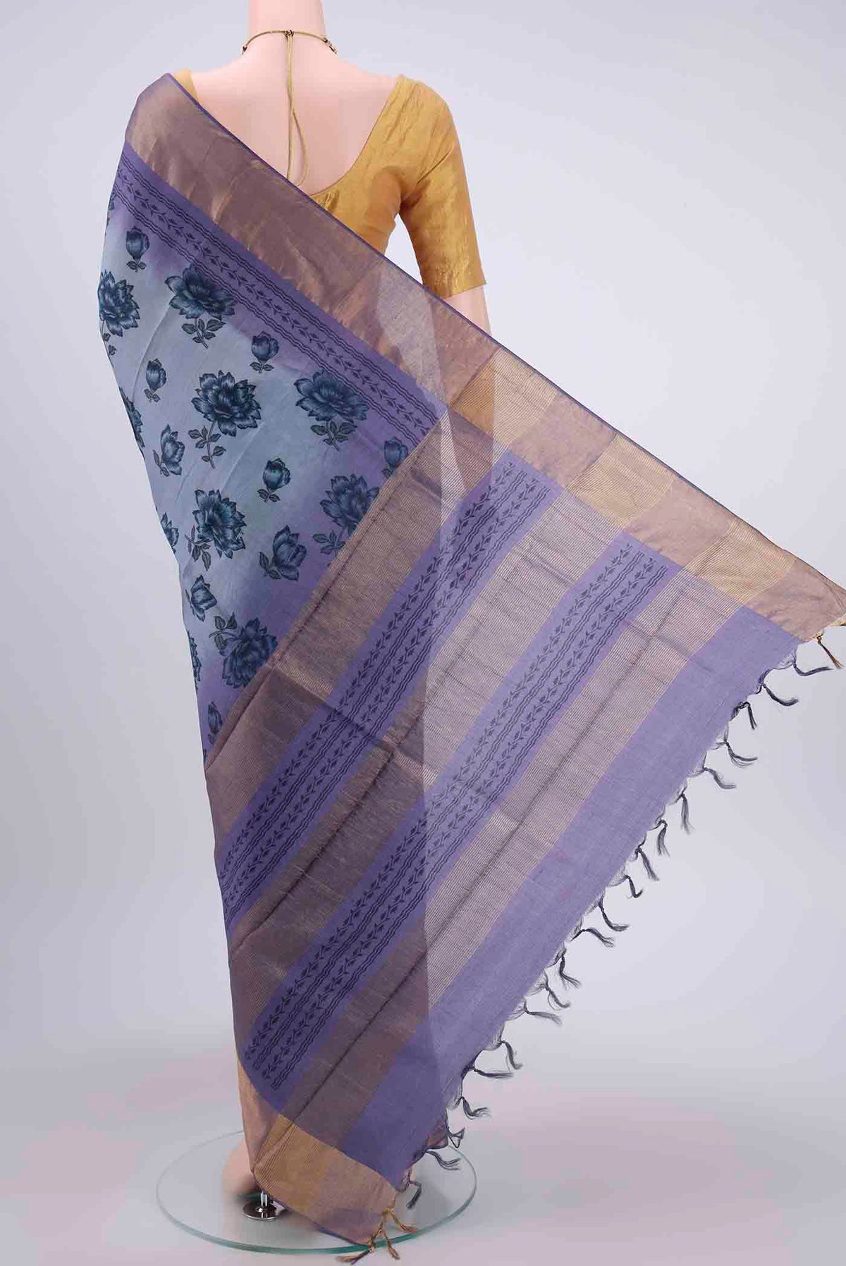 Flat view of Light Blue Dual Tone Tussar Silk Saree with Printed design on the body and Zari Border