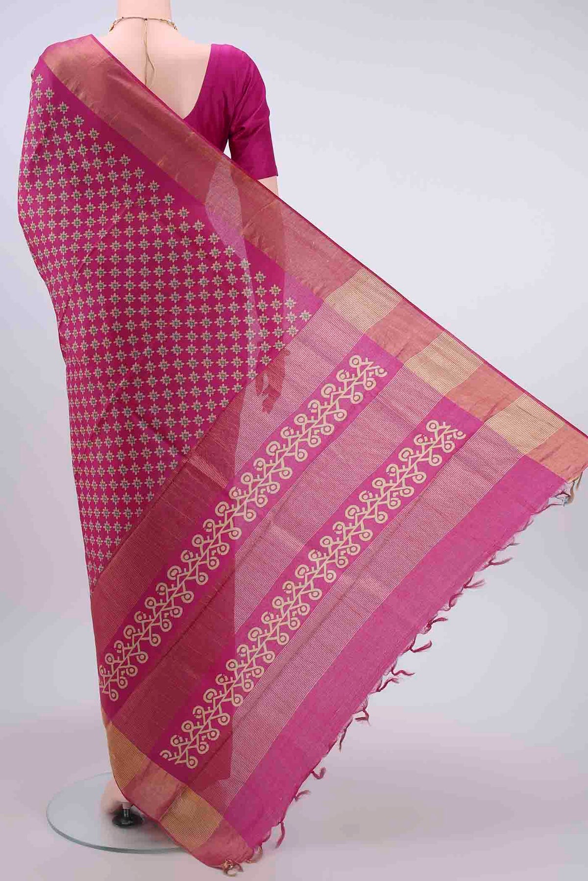 Flat view of Rani Pink Dual Tone Tussar Silk Saree with Printed design on the body and Zari Border
