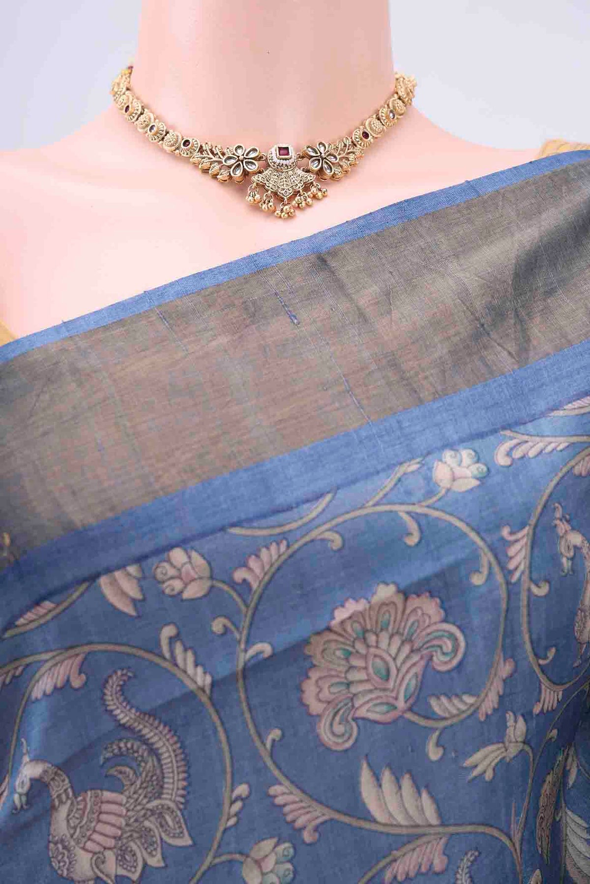 Border image of Light Blue Dual Tone Tussar Silk Saree with Printed design on the body and Zari Border