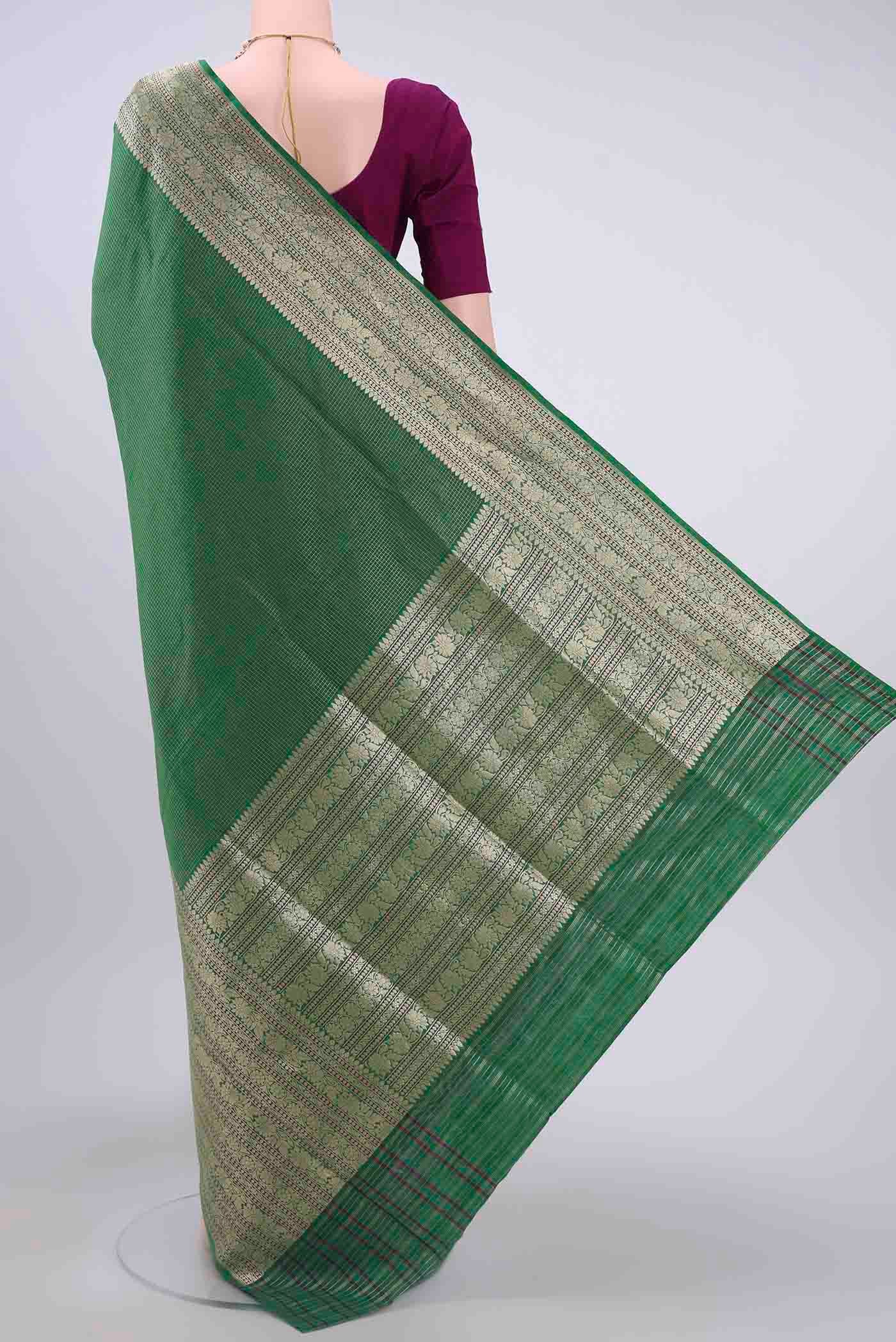 Flat view of Green Dual Tone Banarasi Silk Saree with Checked design on the body and Zari Border