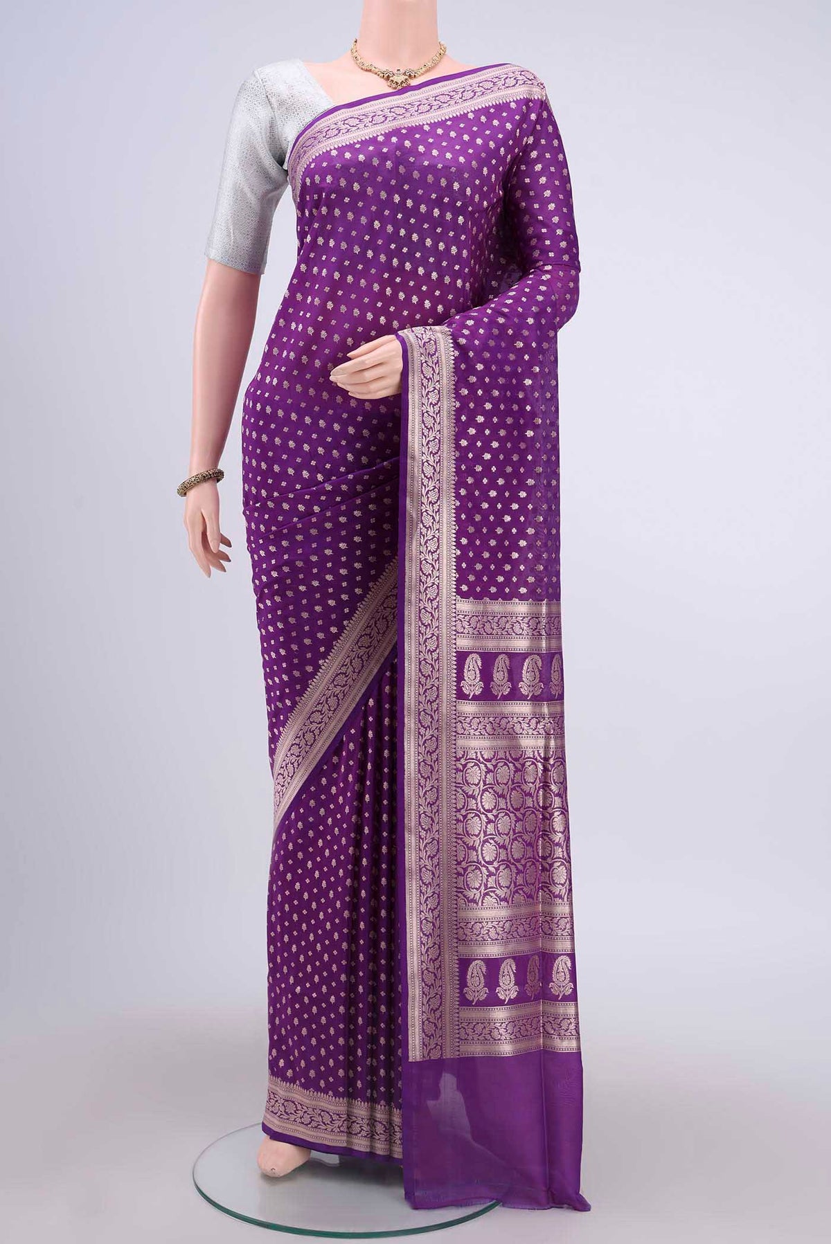 Purple Dual Tone Banarasi Silk Saree with Zari Brocade on the body and Zari Border displayed on a mannequin