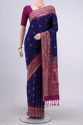 Navy Blue Soft Silk Saree with Jacquard design on the body and Zari Border displayed on a mannequin