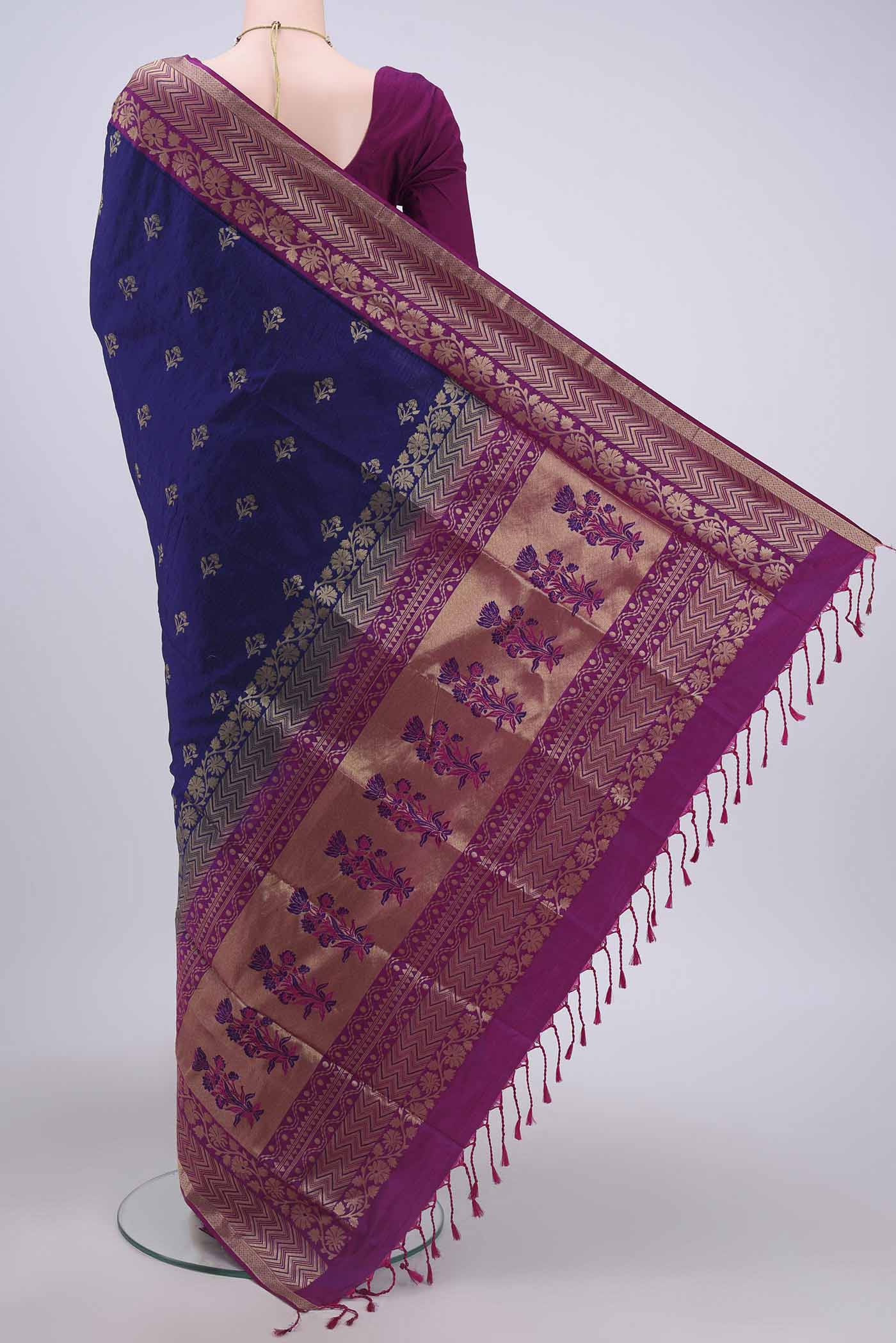 Flat view of Navy Blue Soft Silk Saree with Jacquard design on the body and Zari Border