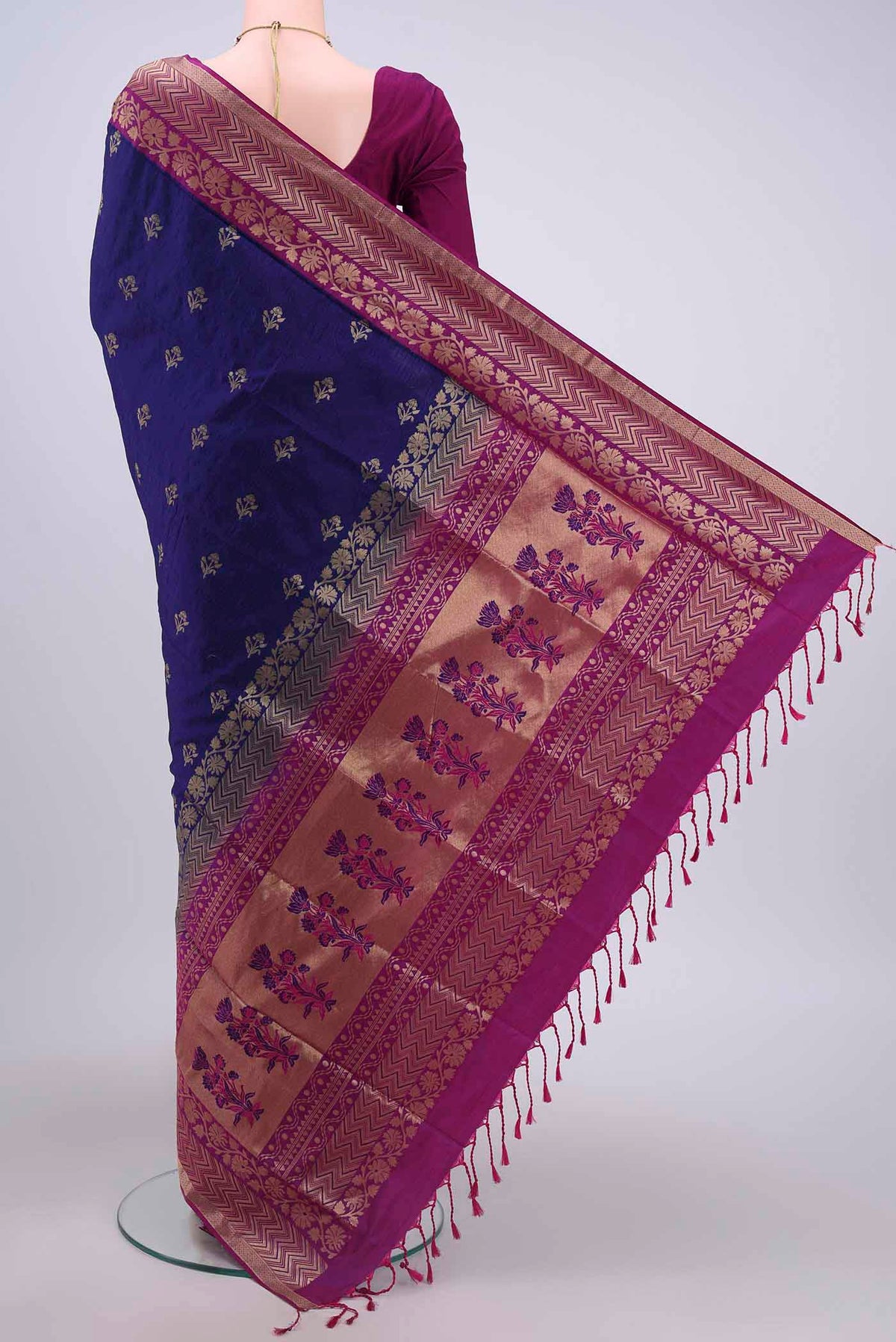 Flat view of Navy Blue Soft Silk Saree with Jacquard design on the body and Zari Border