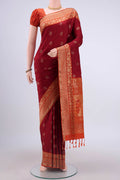 Maroon Soft Silk Saree with Jacquard design on the body and Zari Border displayed on a mannequin