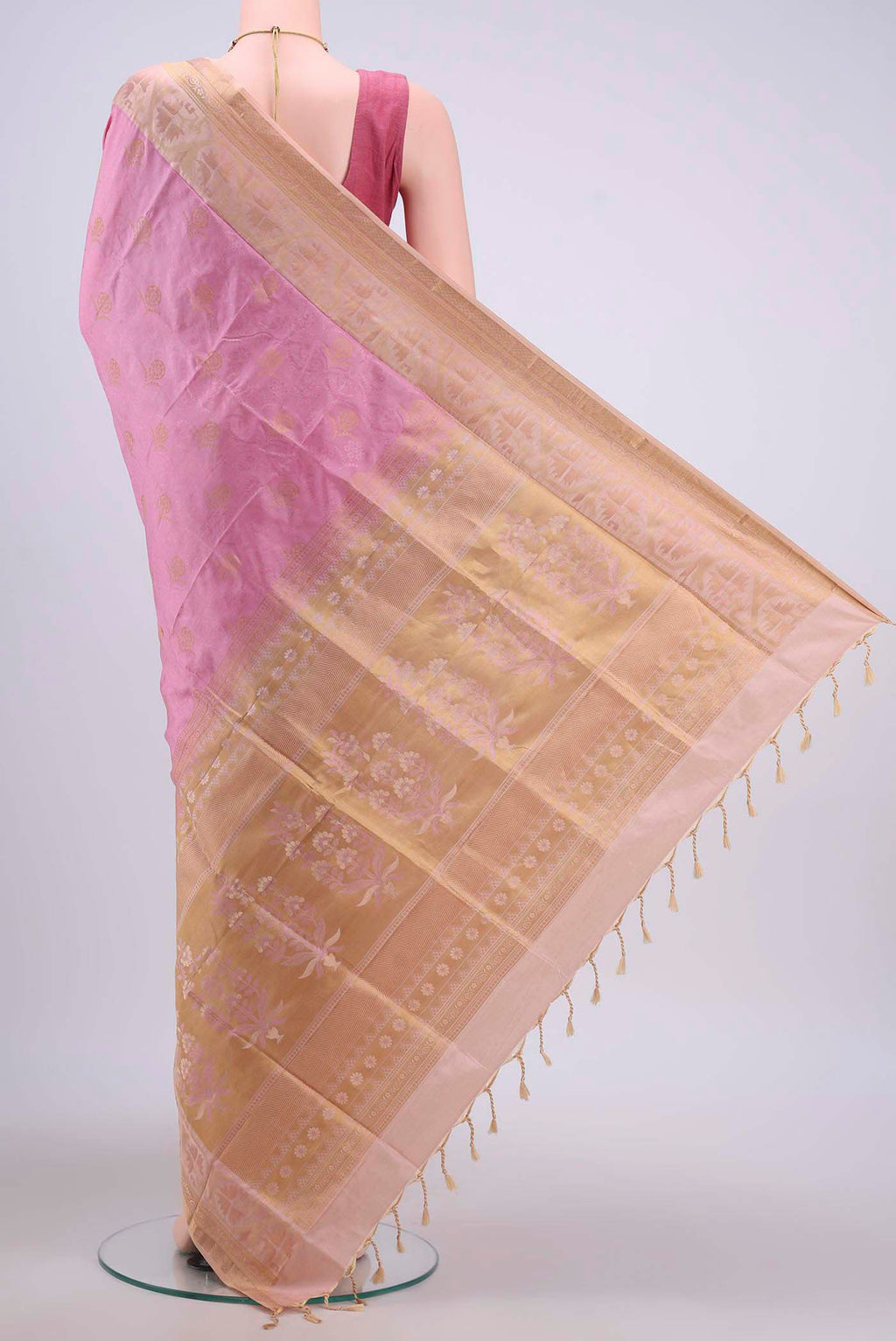 Flat view of Rose Gold Soft Silk Saree with Jacquard design on the body and Zari Border
