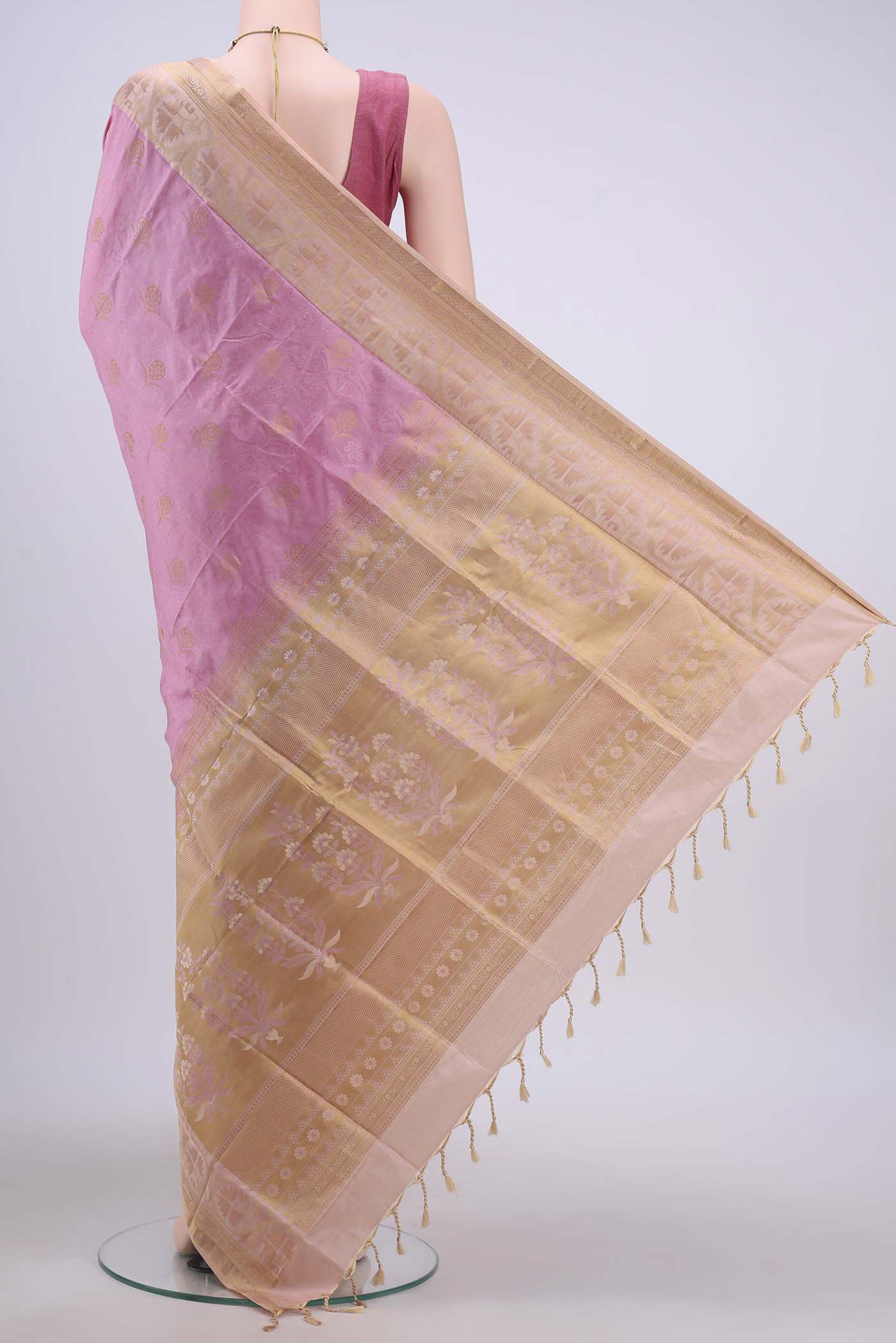 Flat view of Rose Gold Soft Silk Saree with Jacquard design on the body and Zari Border