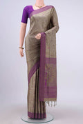 Grey Soft Silk Saree with Jacquard design on the body and Thread Border displayed on a mannequin
