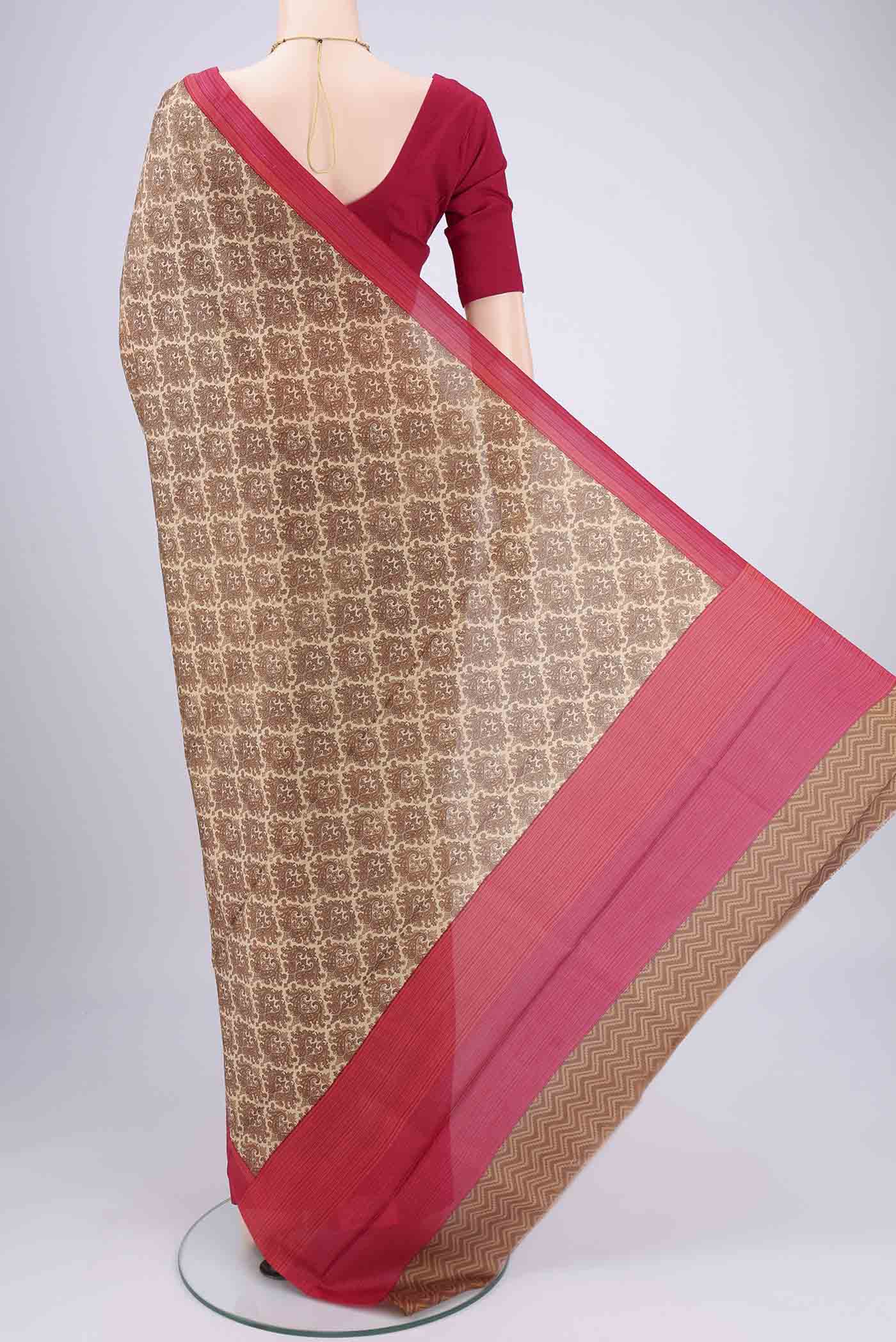 Flat view of Beige Printed Silk Saree with Floral Print on the body and Printed Border. 