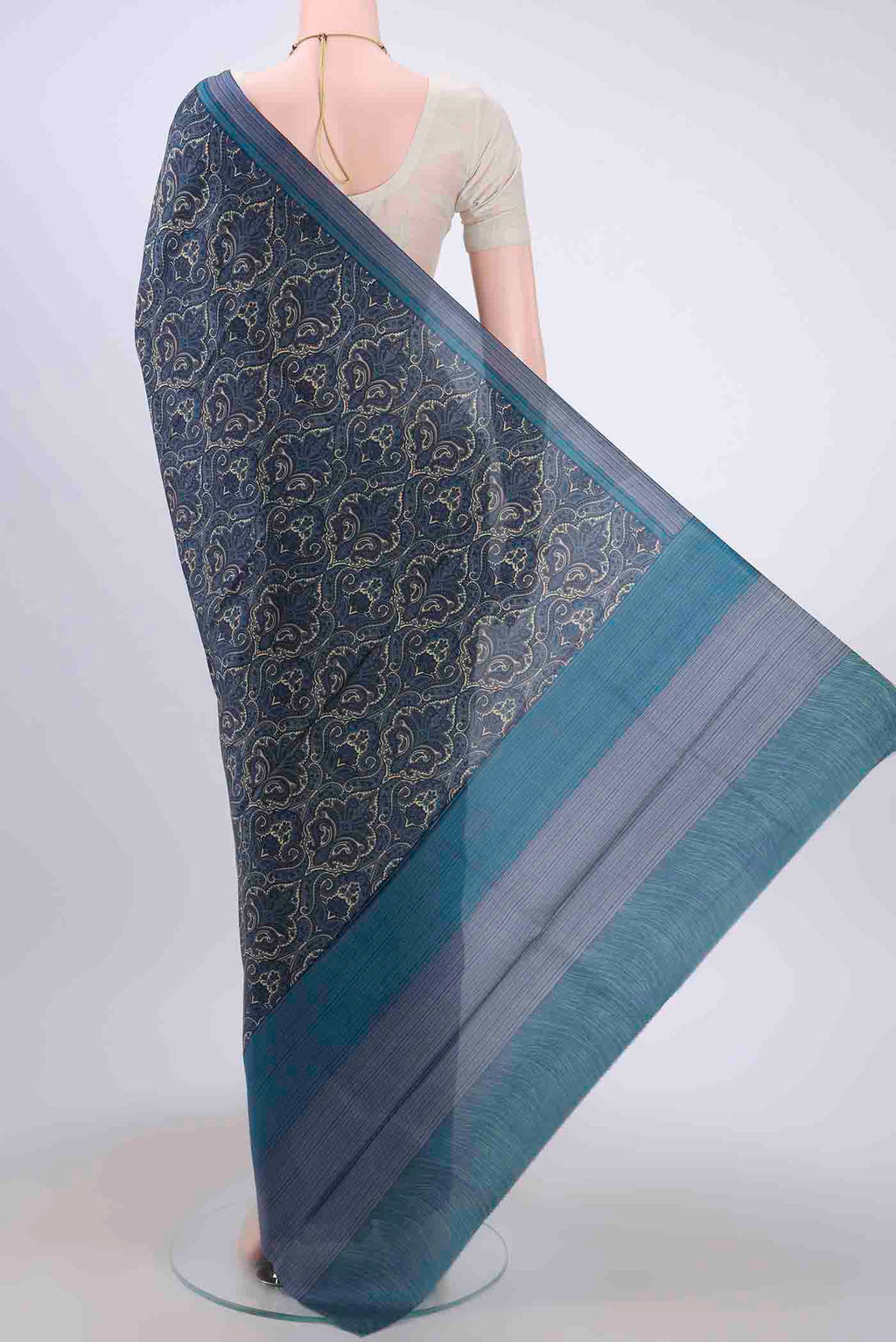 Flat view of Dark Blue Printed Silk Saree with Floral Print on the body and Plain Border