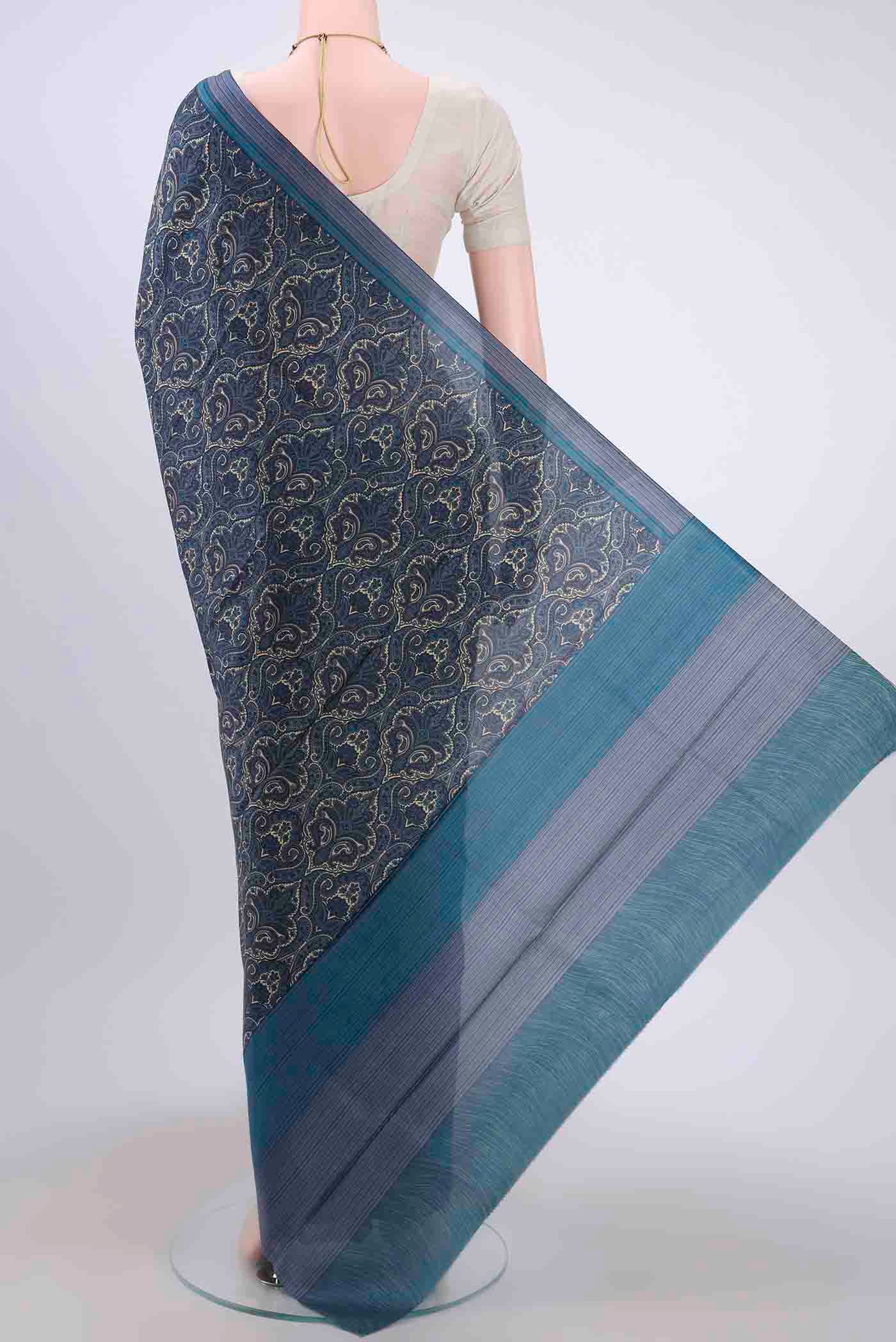Flat view of Dark Blue Printed Silk Saree with Floral Print on the body and Plain Border