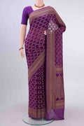 Purple Banarasi Georgette Saree with Zari Brocade on the body and Zari Border displayed on a mannequin