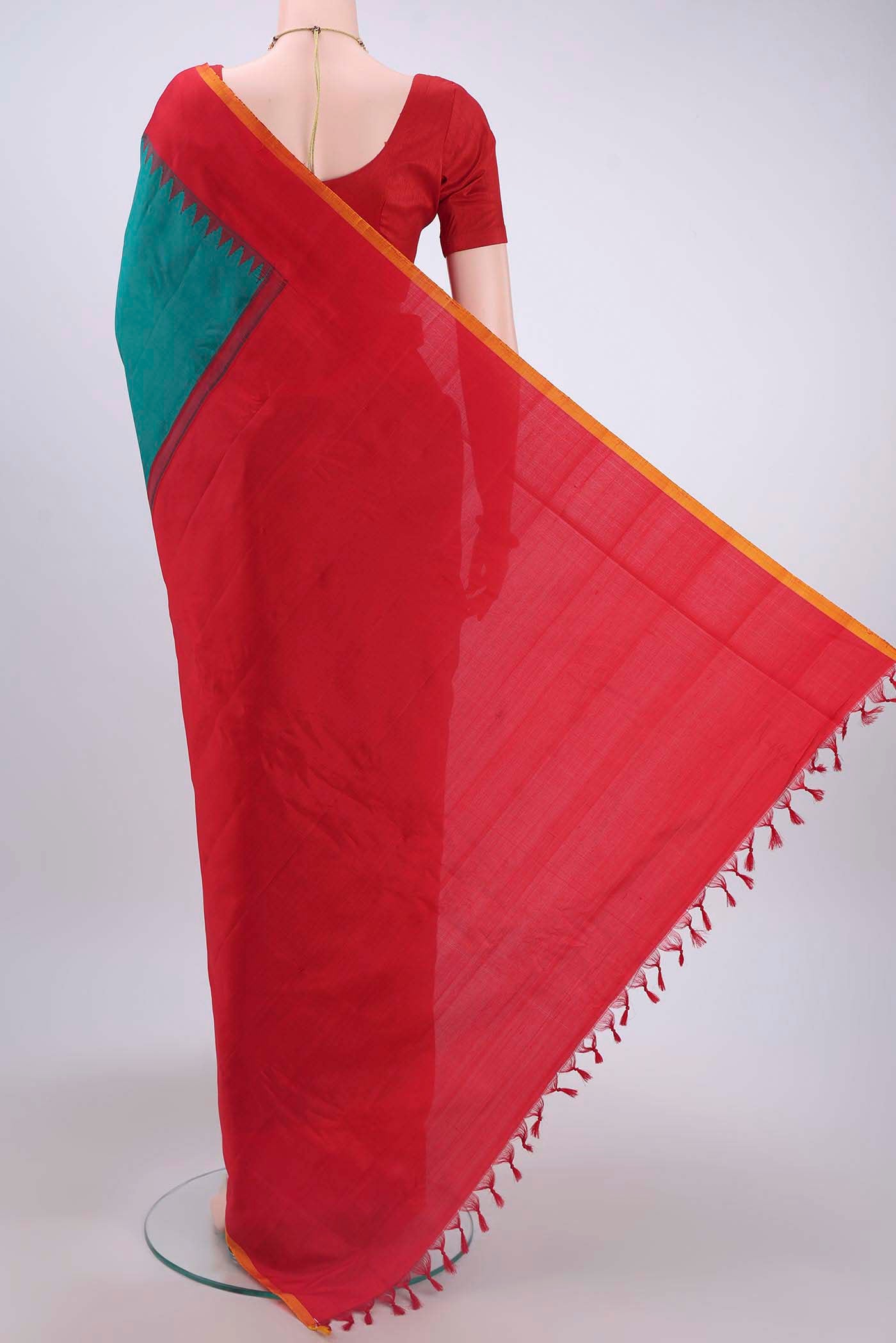 Flat view of Sea Green Gadwal Silk Saree with Plain Body and Zari Border