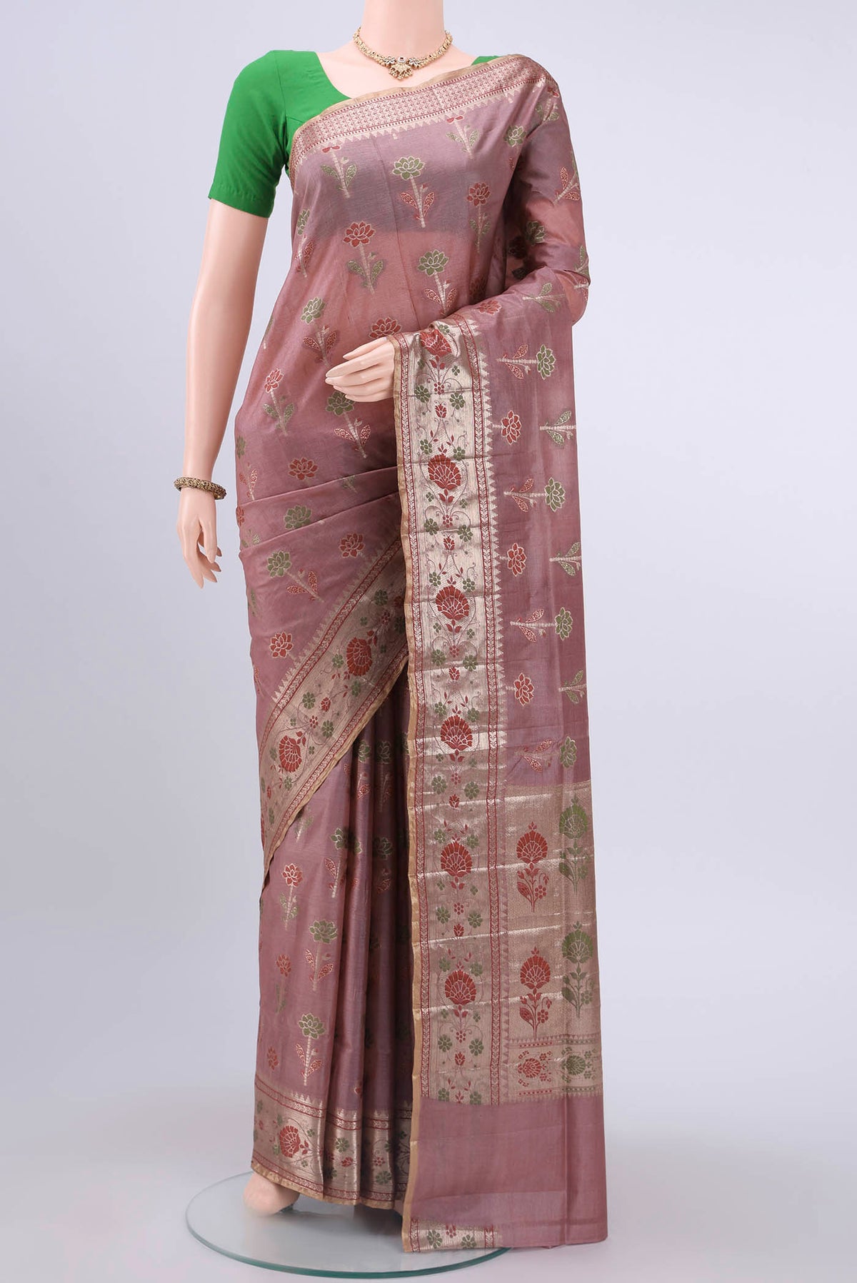Mauve Banarasi Raw Silk Saree with Zari Butta on the body and Zari And Thread Border displayed on a mannequin