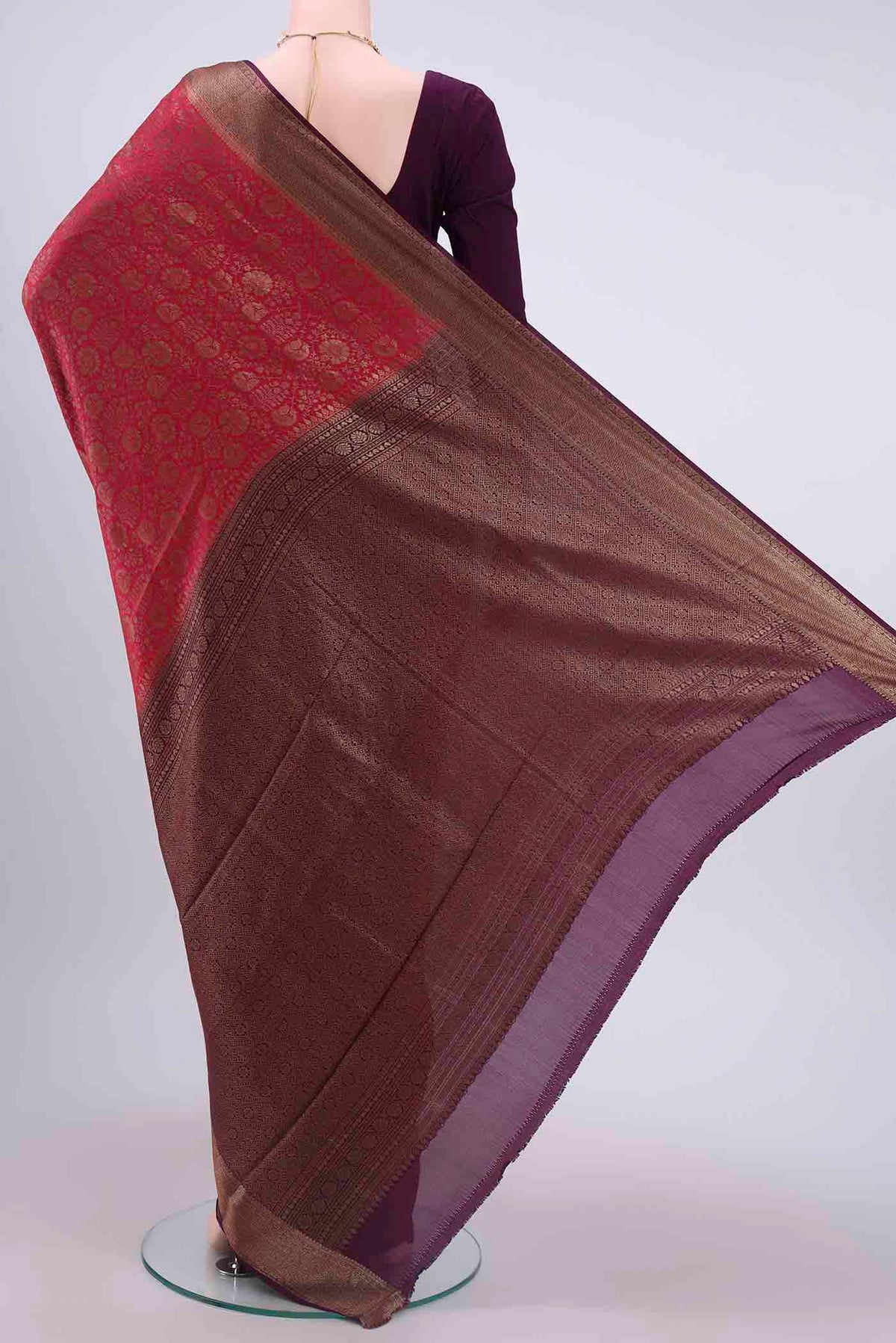 Flat view of Maroon Mysore Crepe Saree with Zari Brocade on the body and Zari Border