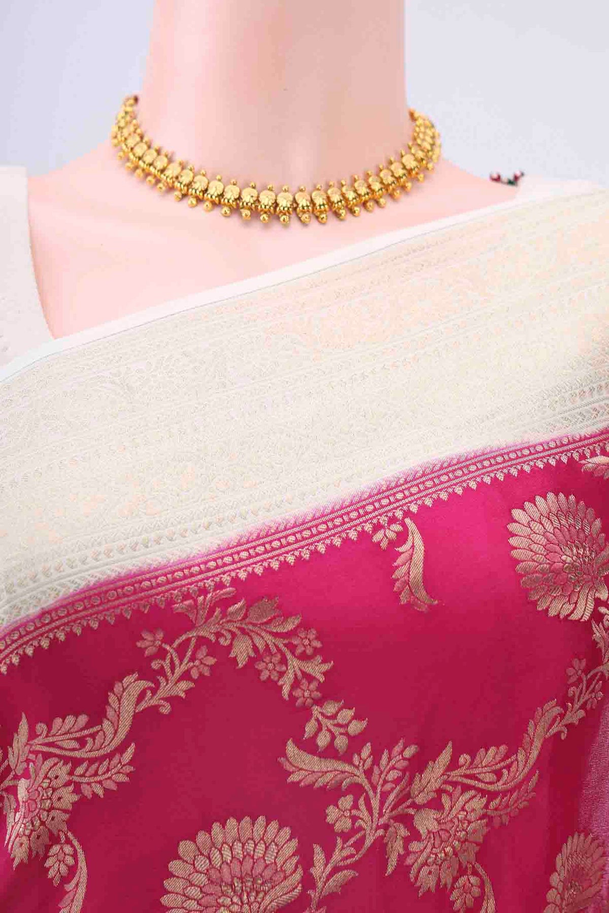 Border image of Rani Pink Mysore Crepe Saree with Zari Brocade on the body and Zari Border