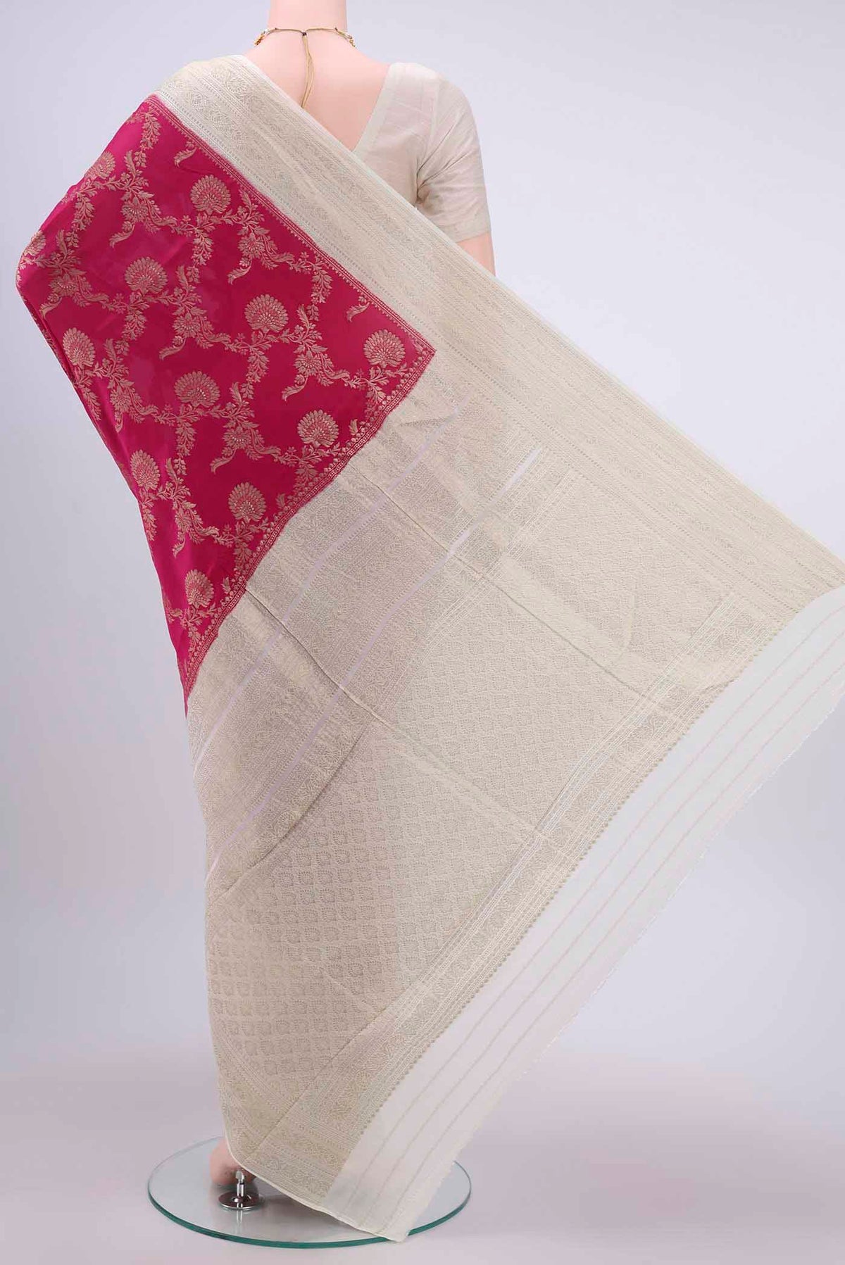 Flat view of Rani Pink Mysore Crepe Saree with Zari Brocade on the body and Zari Border