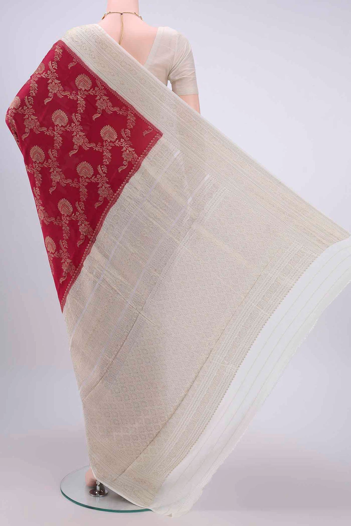 Flat view of Maroon Mysore Crepe Saree with Zari Brocade on the body and Zari Border