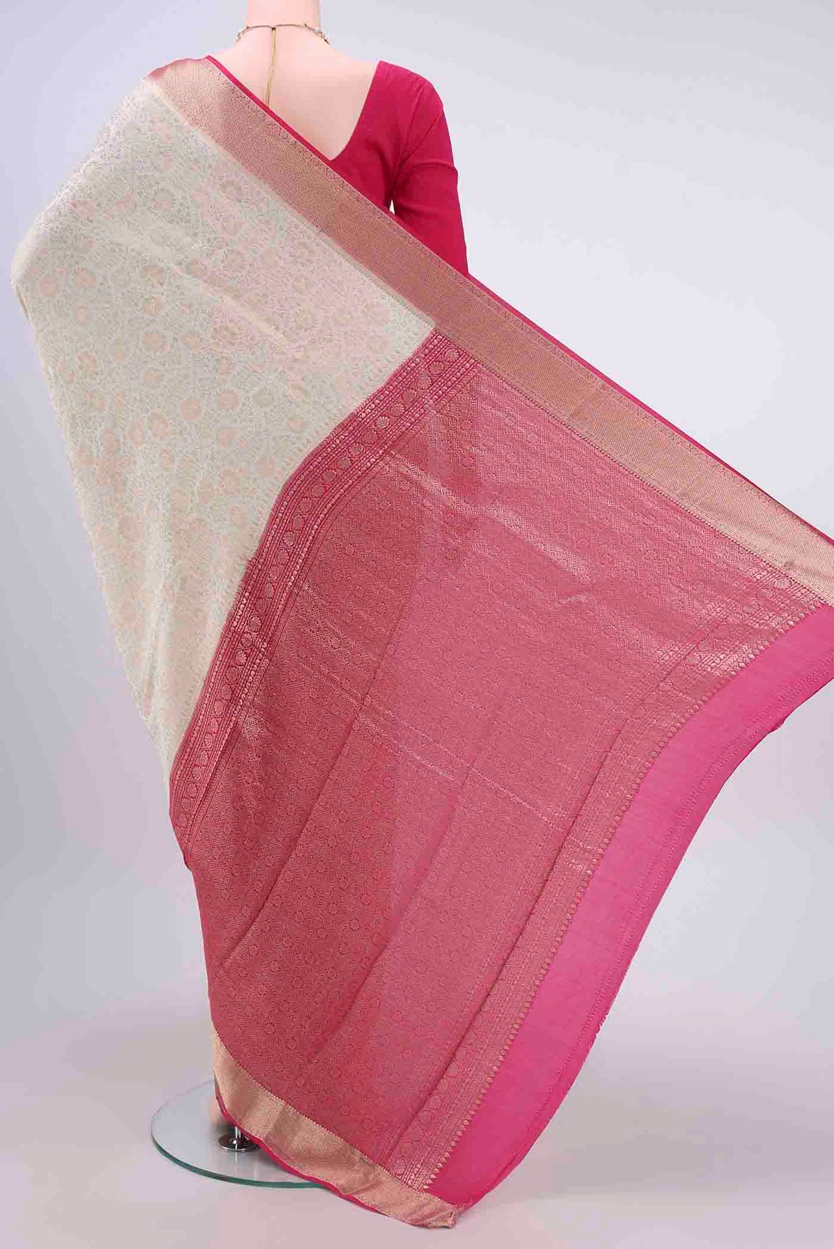Flat view of Off White Mysore Crepe Saree with Zari Brocade on the body and Zari Border