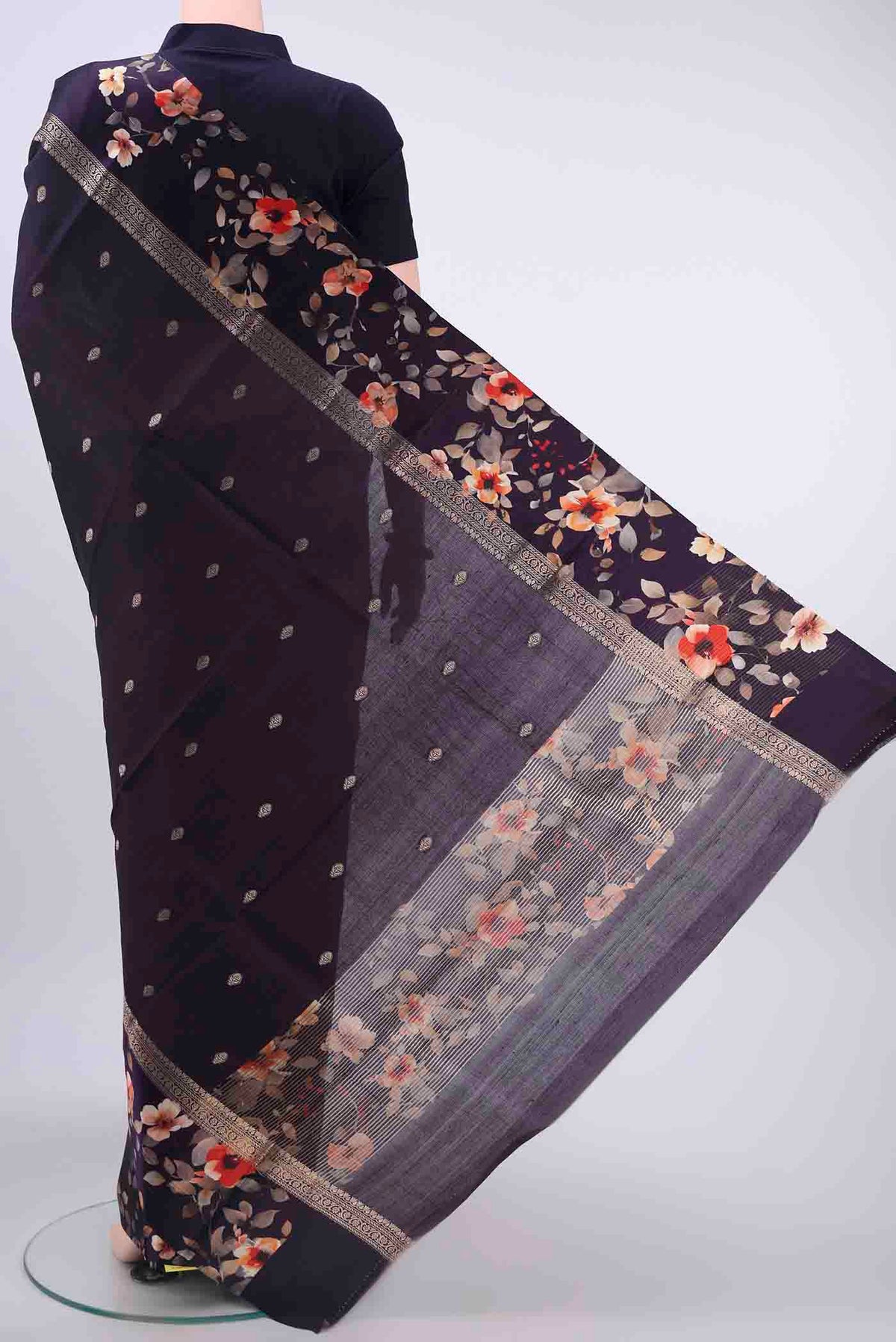 Flat view of Brown Tussar Silk Saree with Zari Butta on the body and Satin Border